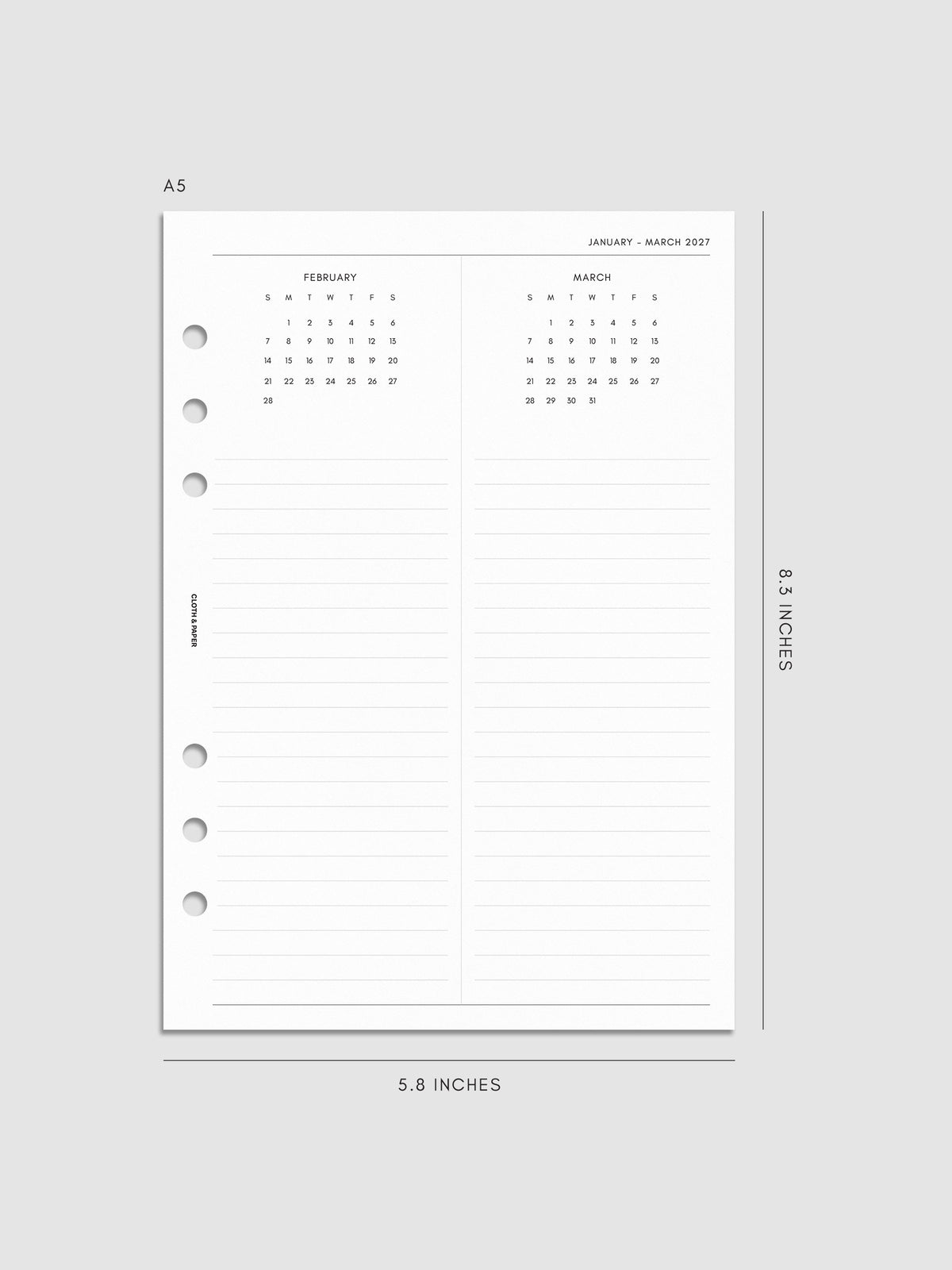 2027 Dated Yearly Overview Planner Inserts Sunday Start, A5 6-Ring Punch, right page of quarterly spread showing three monthly calendar views each with a notes section below
