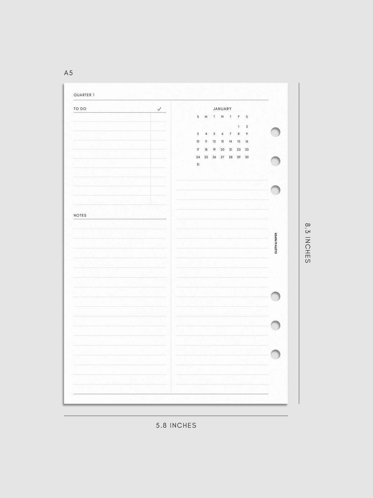 2027 Dated Yearly Overview Planner Inserts Sunday Start, A5 6-Ring Punch, left page of quarterly spread showing goal-setting, to-do, and notes sections