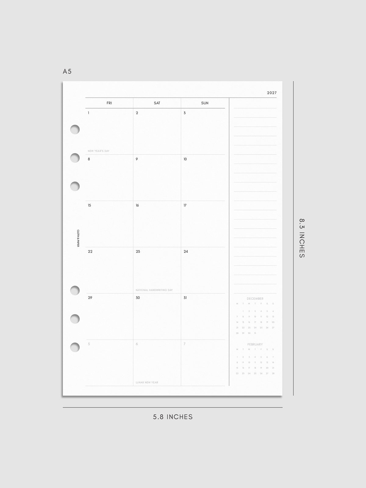2027 Dated Monthly Planner Inserts, Monday Start, A5 6-Ring Punch, right page of two-page monthly calendar spread with notes column and mini calendars in the bottom right corner shown inside a planner