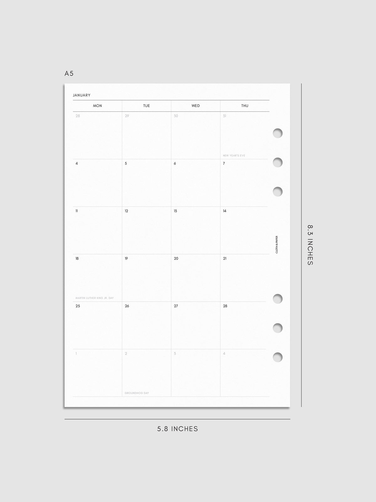 2027 Dated Monthly Planner Inserts, Monday Start, A5 6-Ring Punch, left page of two-page monthly calendar spread with Monday start shown inside a planner