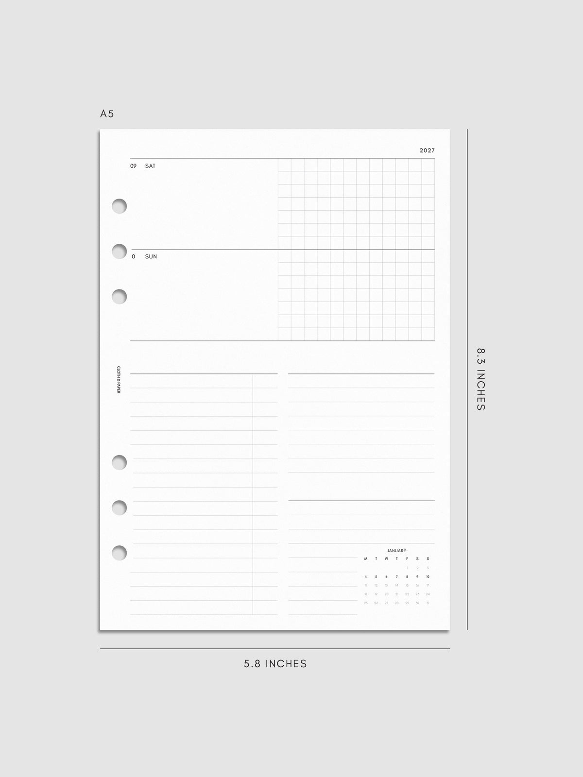 Mockup of the 2027 Dated Weekly Horizontal Planner Inserts | Monday Start's right page shown in size A5 6-Ring Punch.