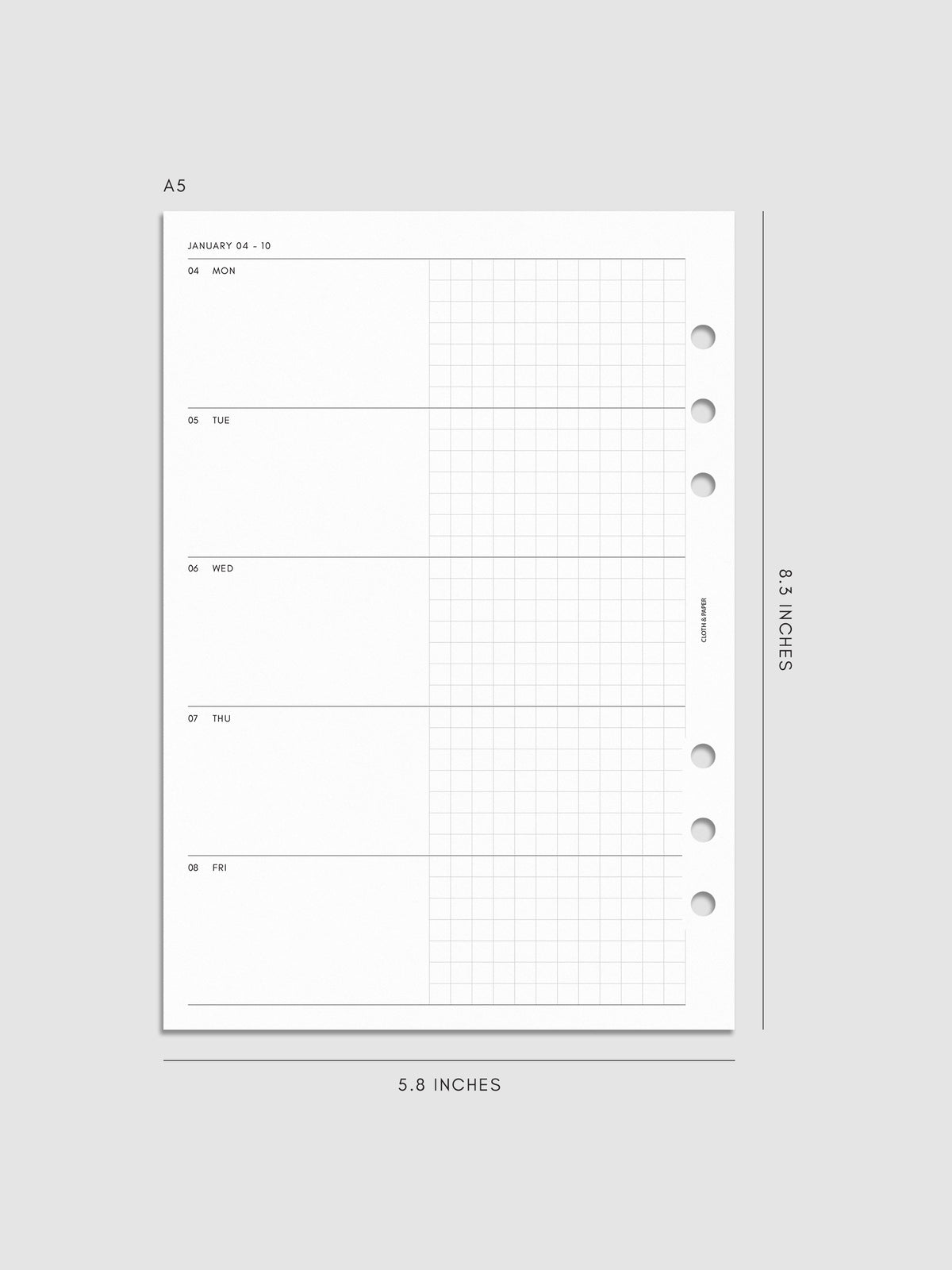 Mockup of the 2027 Dated Weekly Horizontal Planner Inserts | Monday Start's left page shown in size A5 6-Ring Punch.