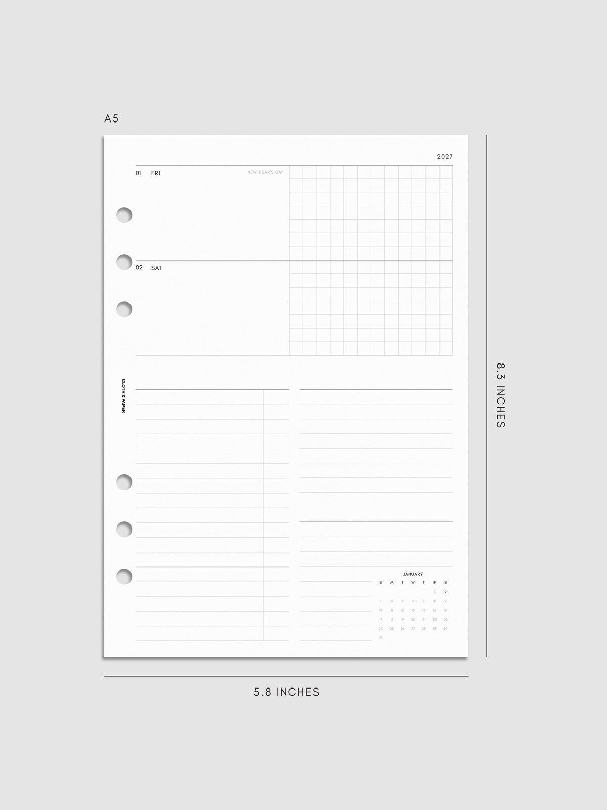 Mockup of the 2027 Dated Weekly Horizontal Planner Inserts | Sunday Start right page shown in size A5 6-Ring Punch