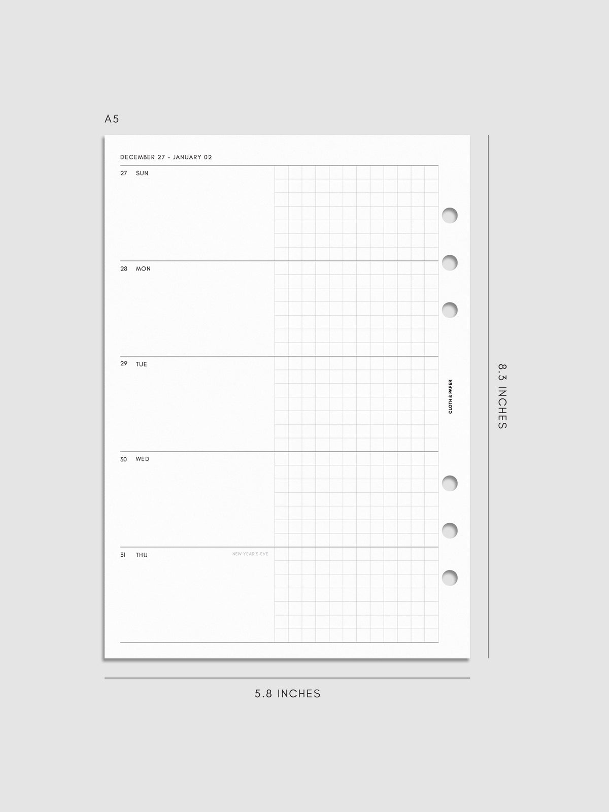 Mockup of the 2027 Dated Weekly Horizontal Planner Inserts | Sunday Start left page shown in size A5 6-Ring Punch