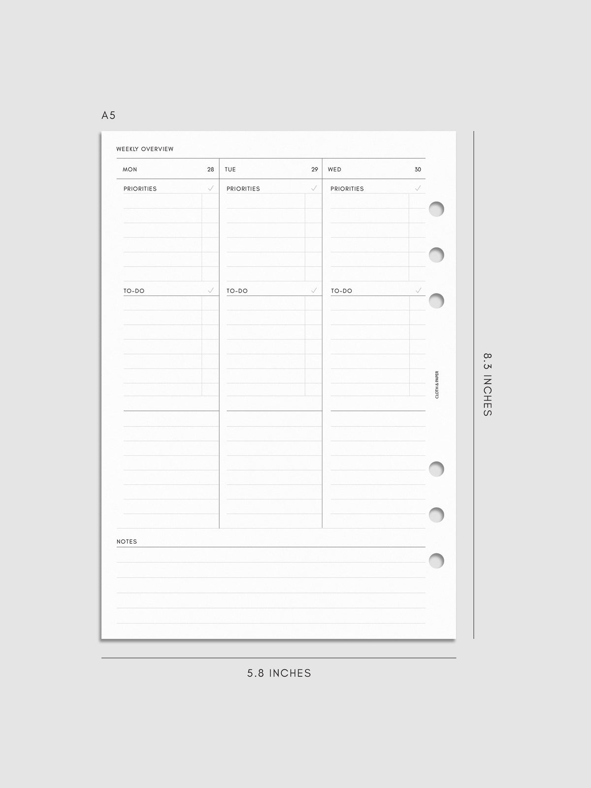 2027 Dated Weekly Task Planner Inserts, Monday Start, A5 6-Ring Punch, left page of weekly spread showing vertical columns for Monday through Wednesday with labeled priorities, to-do, and open notes sections