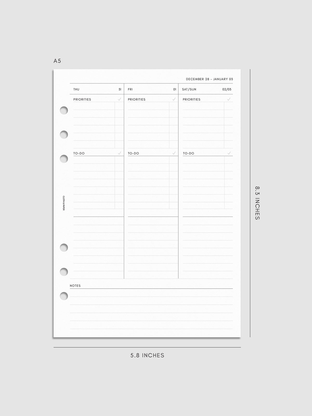 2027 Dated Weekly Task Planner Inserts, Monday Start, A5 6-Ring Punch, right page of weekly spread showing vertical columns for Thursday and Friday alongside a combined Saturday and Sunday column, with labeled priorities, to-do, and open notes sections, and weekly notes section along the bottom