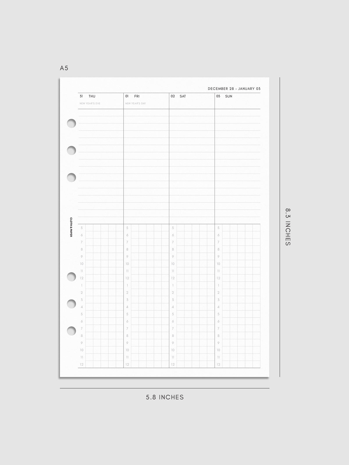 2027 Dated Weekly Time Block Inserts in A5 6-Ring Punch size, right page