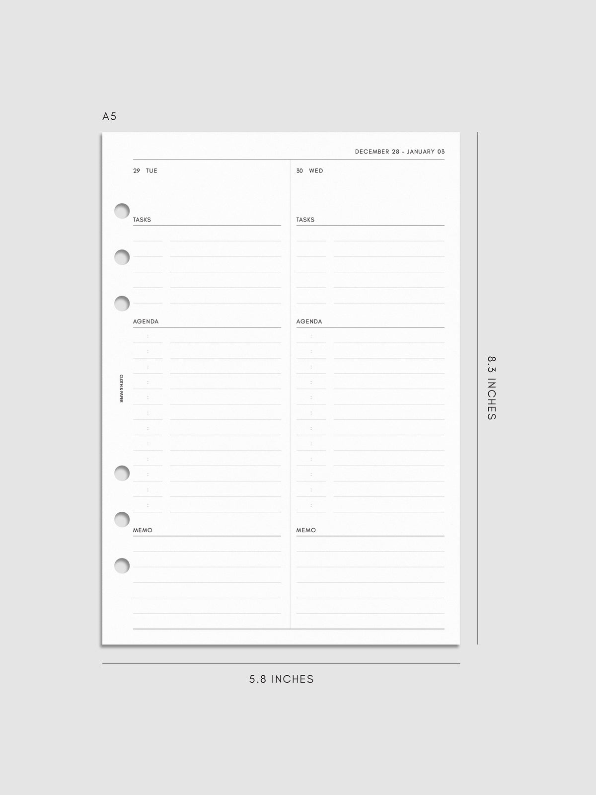 Right page layout of the 2027 Dated Daily Inserts | Monday Start in size A5 6-Ring Punch