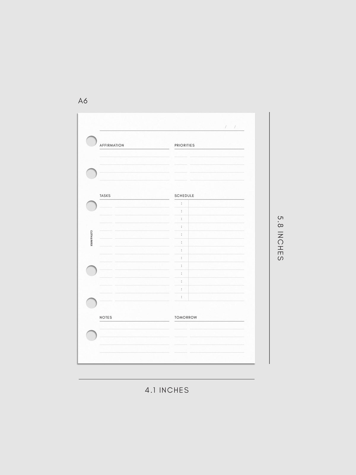 Daily Essentials Planner Inserts digital mockup in size A6, pre-punched for 6-ring binders. Includes headers for affirmations, priorities, tasks, schedule, notes, and tomorrow.