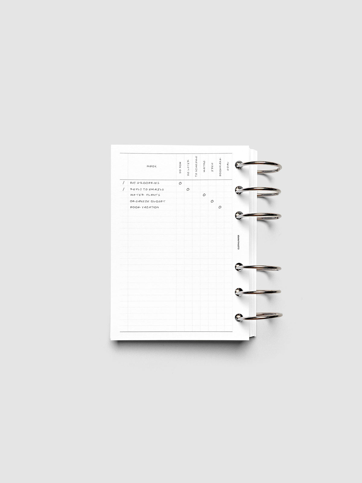 Demo page for the Inbox Sorting Planner Inserts shown pre-punched for 6-Ring A6 planners.