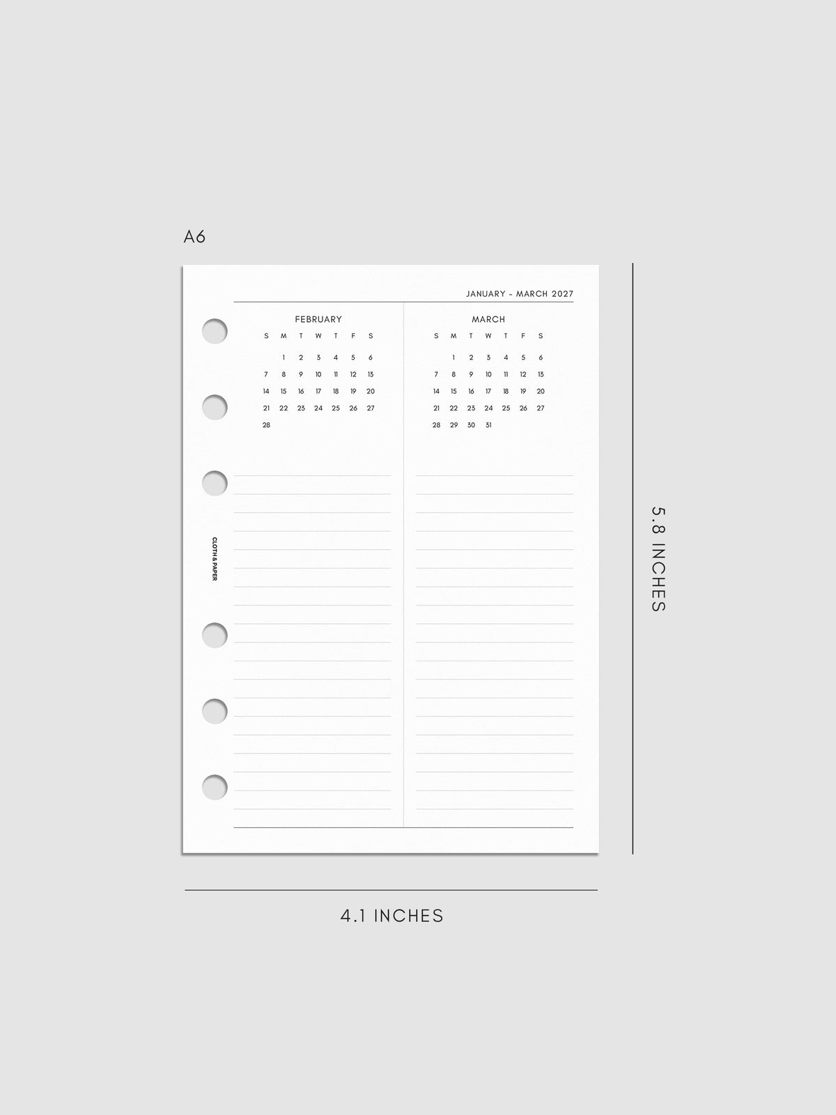 2027 Dated Yearly Overview Planner Inserts Sunday Start, A6 6-Ring Punch, right page of quarterly spread showing three monthly calendar views each with a notes section below