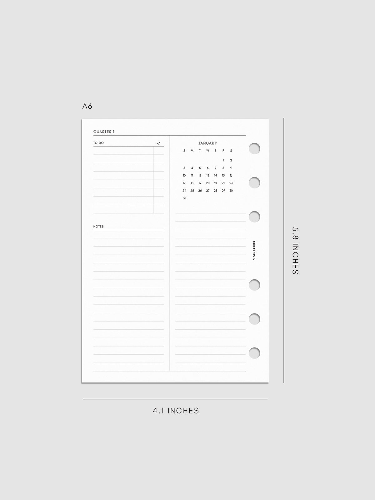 2027 Dated Yearly Overview Planner Inserts Sunday Start, A6 6-Ring Punch, left page of quarterly spread showing goal-setting, to-do, and notes sections