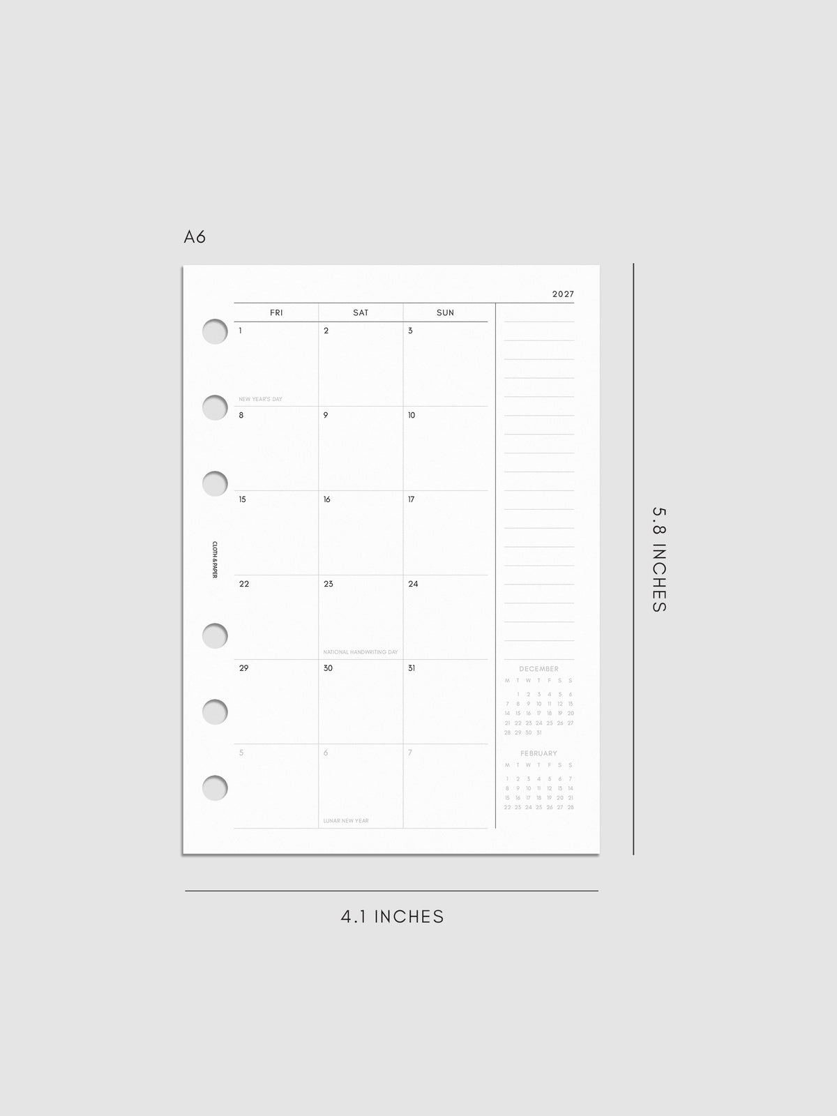 2027 Dated Monthly Planner Inserts, Monday Start, A6 6-Ring Punch, right page of two-page monthly calendar spread with notes column and mini calendars in the bottom right corner shown inside a planner