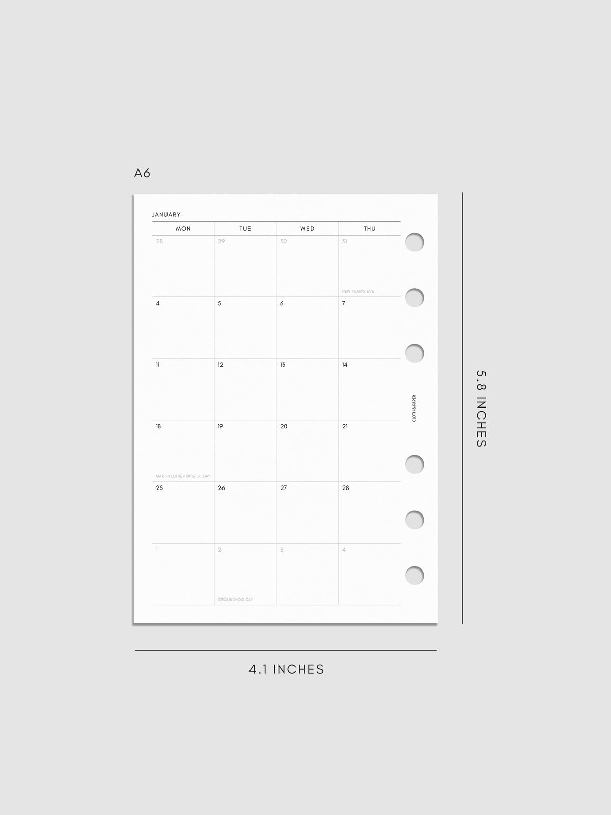 2027 Dated Monthly Planner Inserts, Monday Start, A6 6-Ring Punch, left page of two-page monthly calendar spread with Monday start shown inside a planner