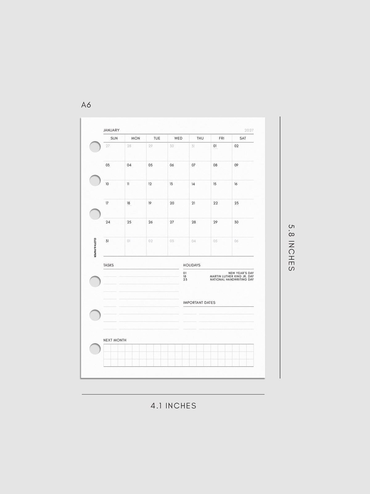 2027 Dated Monthly Admin Inserts in A6 6-Ring Punch size, shown as a styled flat lay mockup.