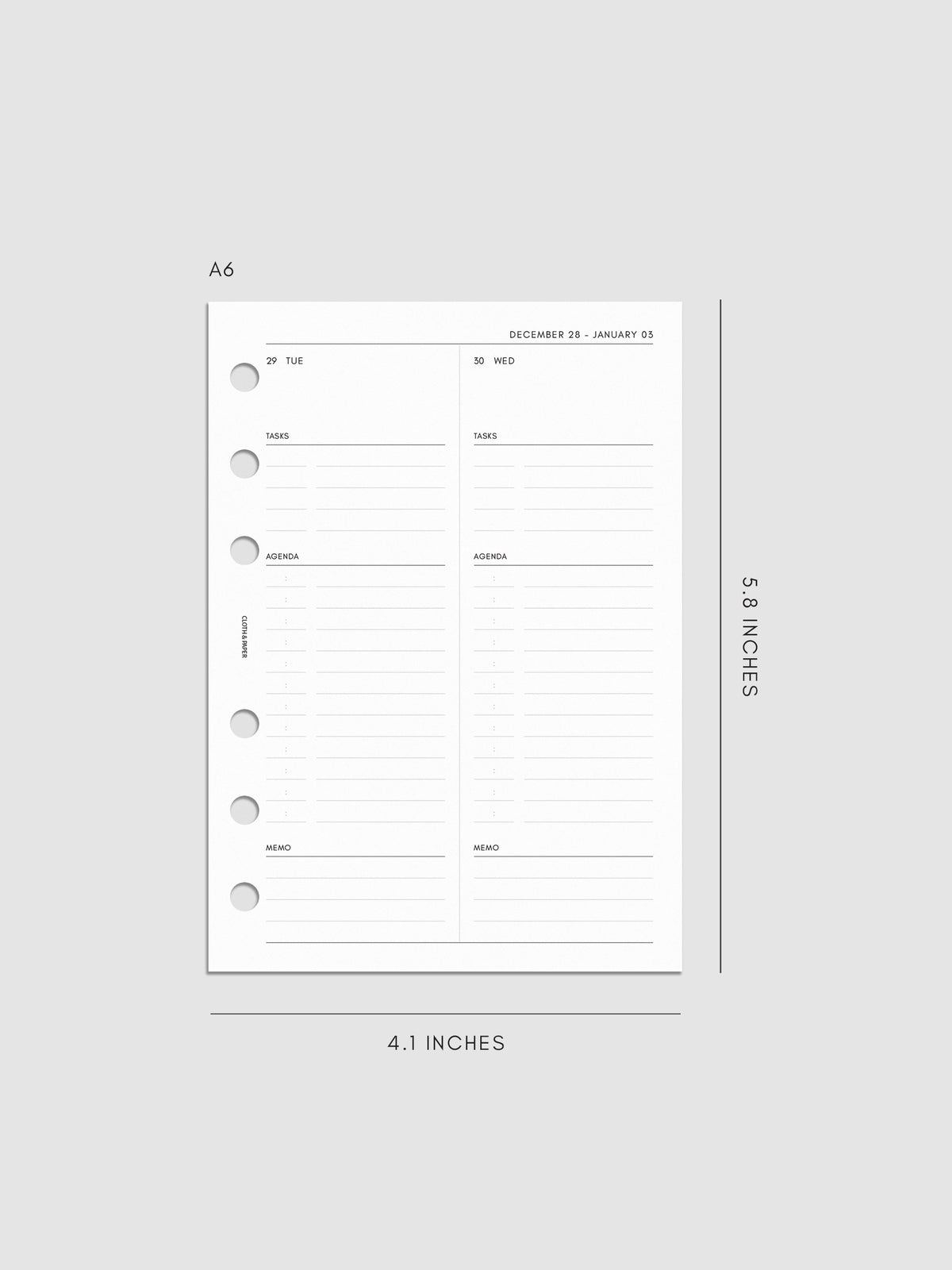 Right page layout of the 2027 Dated Daily Inserts | Monday Start in size A6 6-Ring Punch