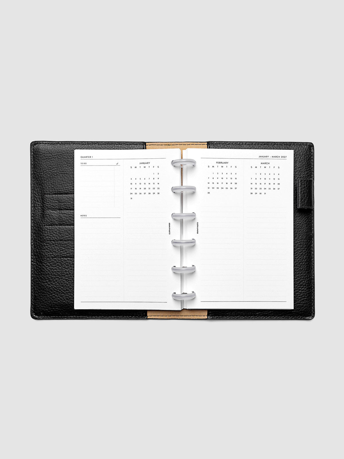 2027 Dated Yearly Overview Planner Inserts Sunday Start, CP Petite 6-Disc Punch, full quarterly spread showing goal-setting, to-do, and notes sections on the left page alongside three monthly calendar views with notes sections on the right page, shown inside a planner