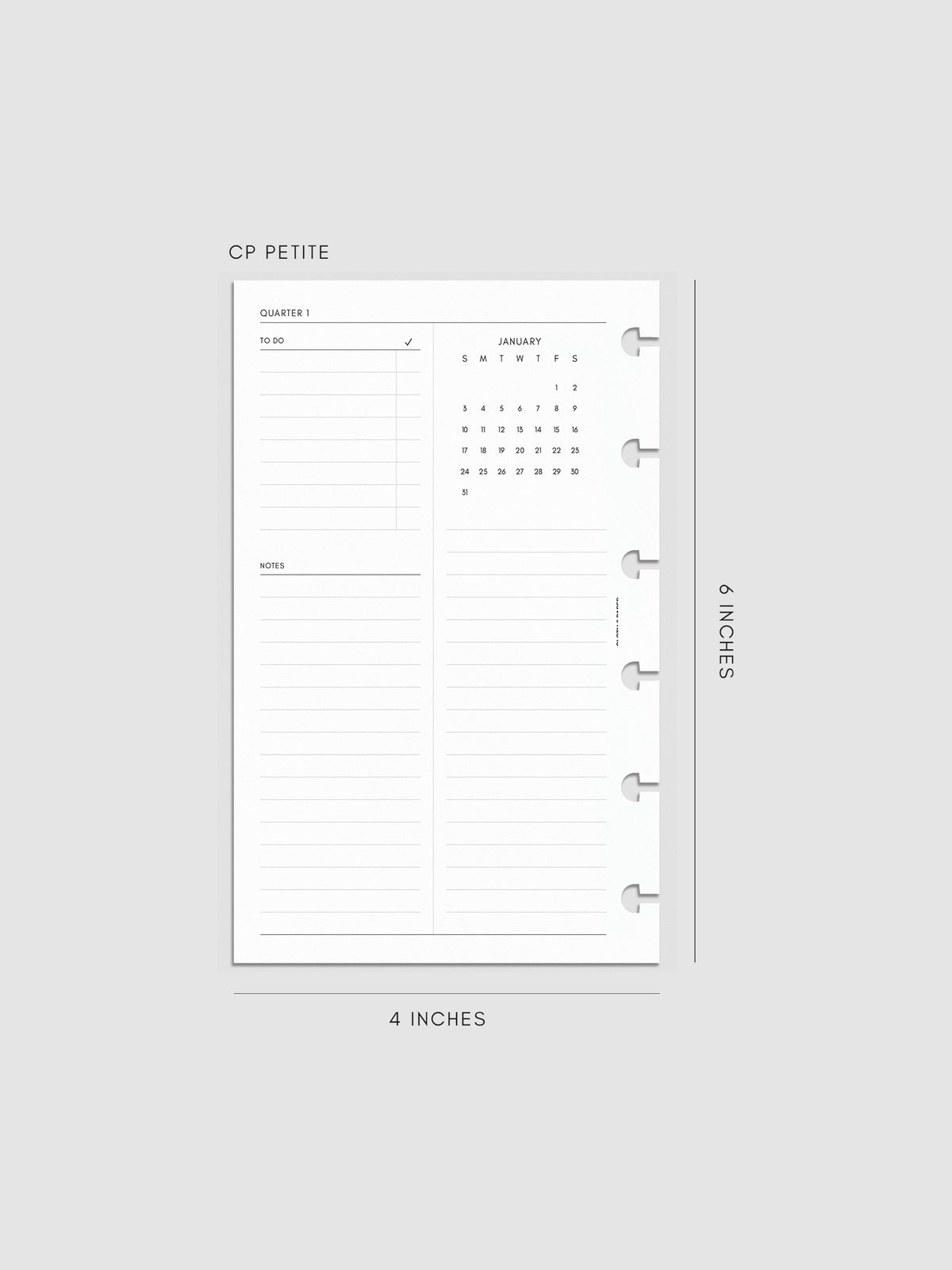 2027 Dated Yearly Overview Planner Inserts Sunday Start, CP Petite 6-Disc Punch, left page of quarterly spread showing goal-setting, to-do, and notes sections