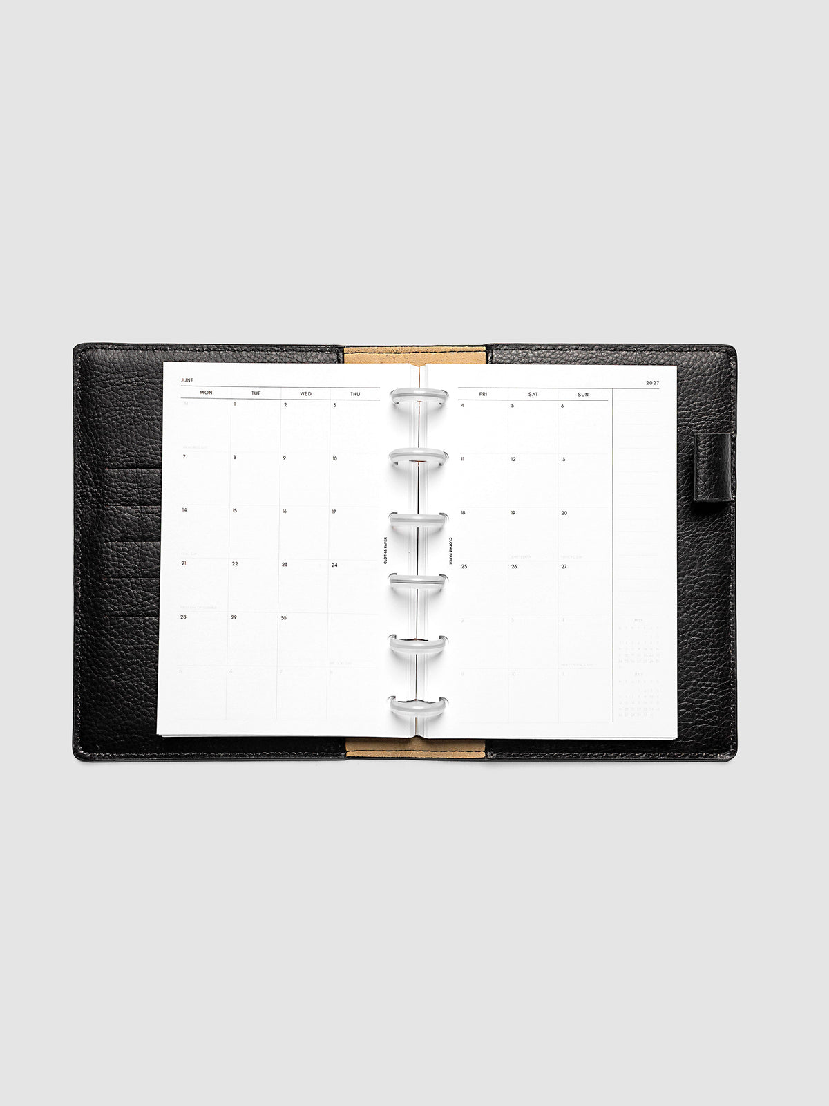 2027 Dated Monthly Planner Inserts, Monday Start, CP Petite 6-Disc Punch, full two-page monthly calendar spread with Monday start, notes column, and mini calendars in the bottom right corner shown inside a planner