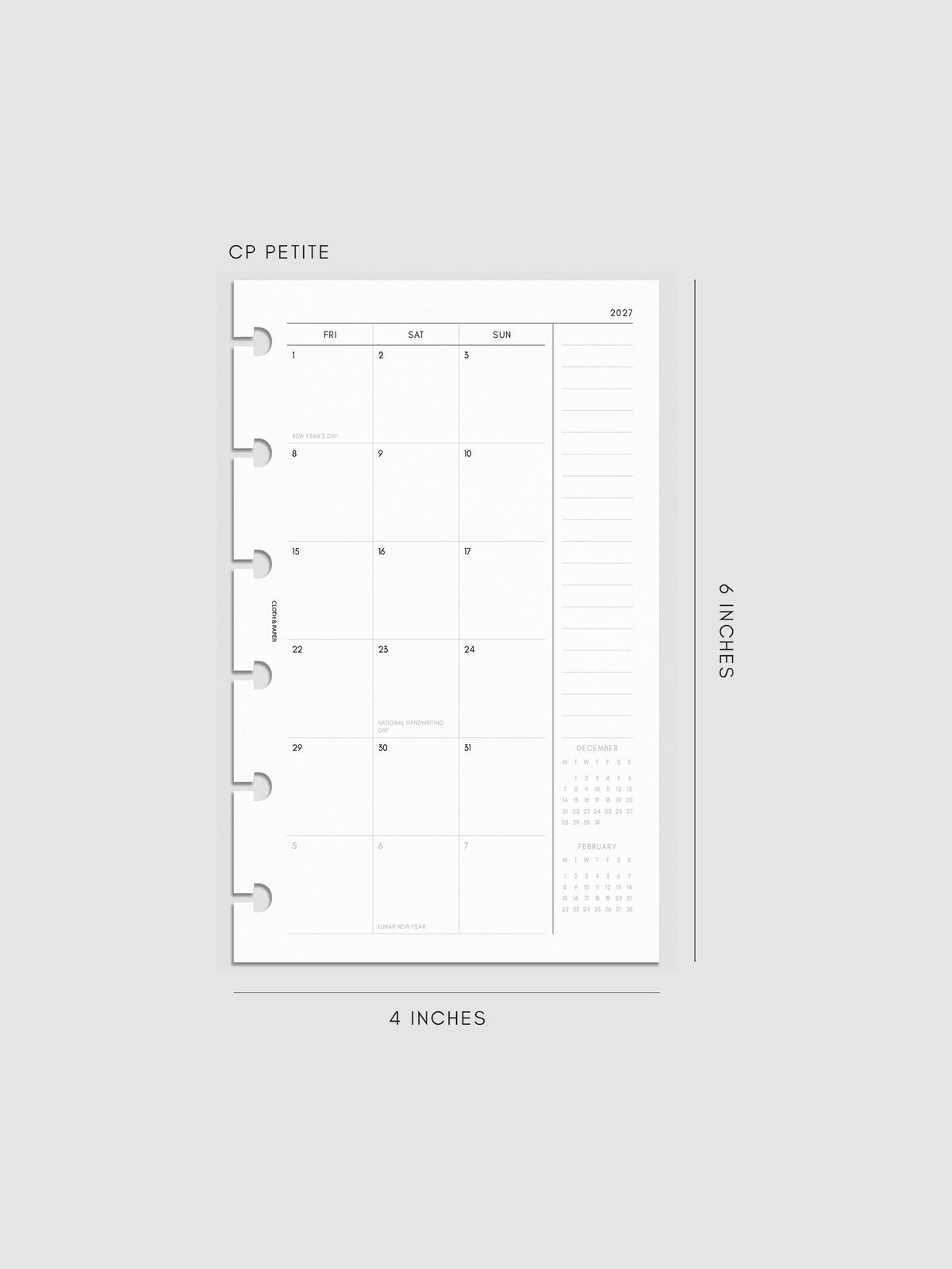 2027 Dated Monthly Planner Inserts, Monday Start, CP Petite 6-Disc Punch, right page of two-page monthly calendar spread with notes column and mini calendars in the bottom right corner shown inside a planner
