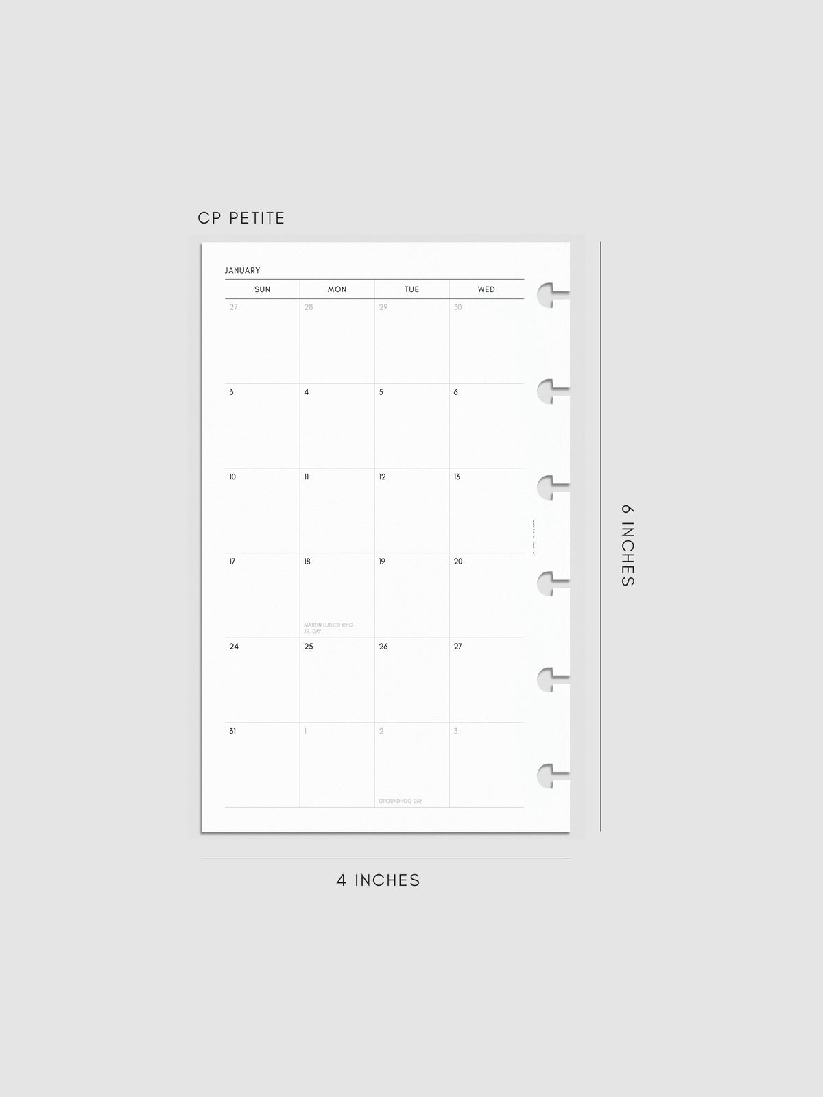Left page of the 2027 Dated Monthly Sunday Start insert in CP Petite 6-Disc Punch size, showing the dated calendar grid