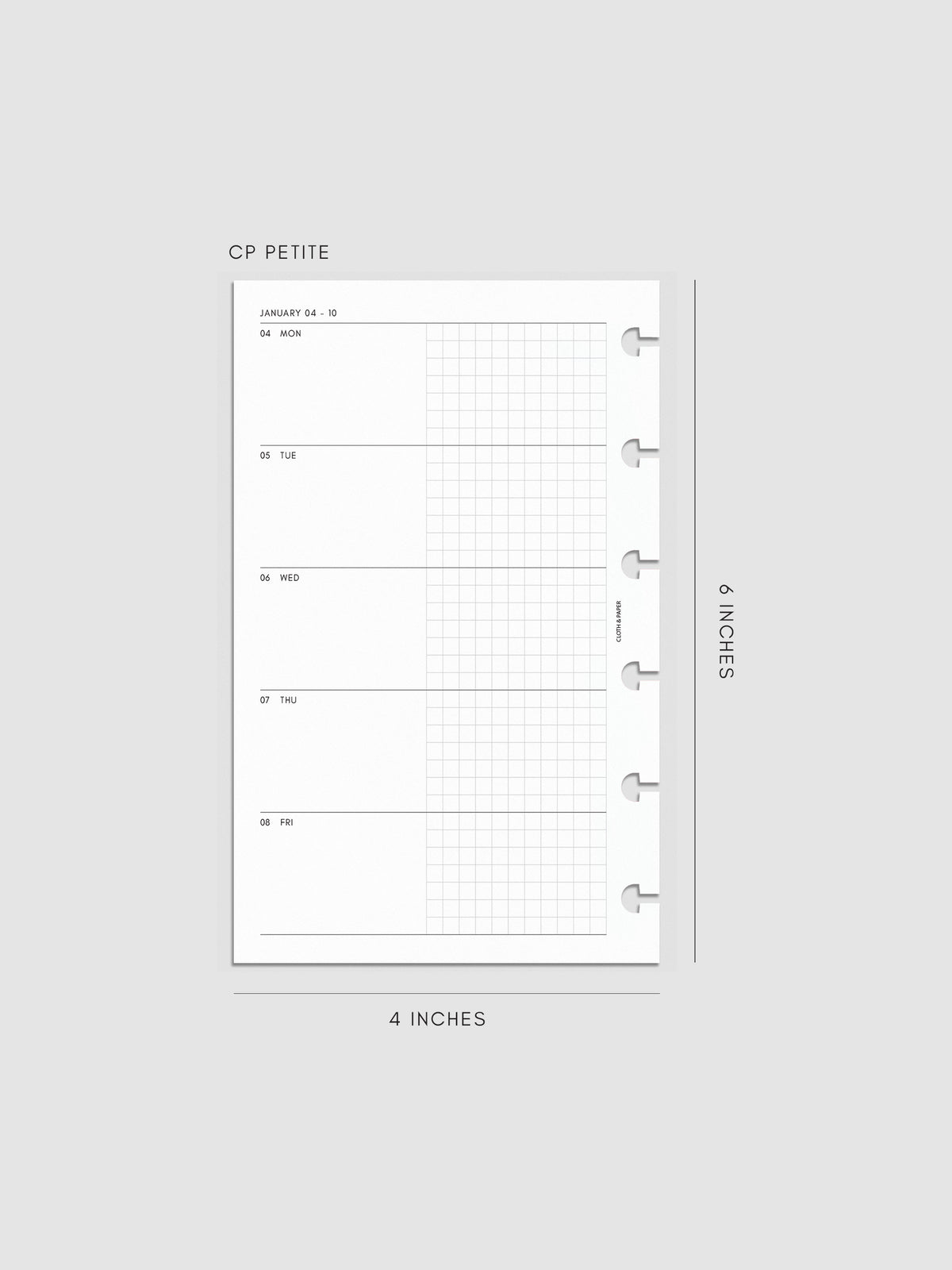 Mockup of the 2027 Dated Weekly Horizontal Planner Inserts | Monday Start's left page shown in size CP Petite 6-Disc Punch.