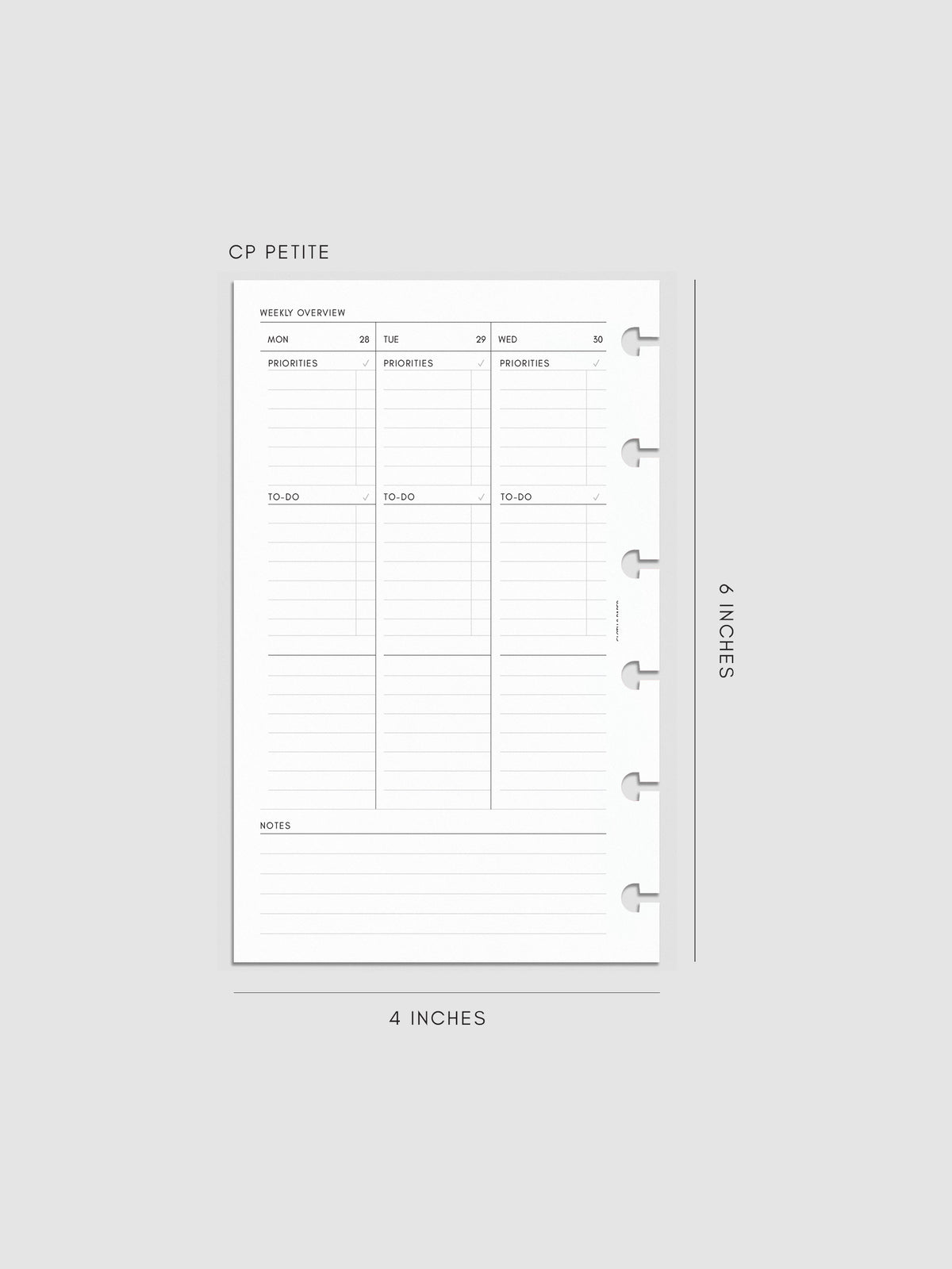 2027 Dated Weekly Task Planner Inserts, Monday Start, CP Petite 6-Disc Punch, left page of weekly spread showing vertical columns for Monday through Wednesday with labeled priorities, to-do, and open notes sections