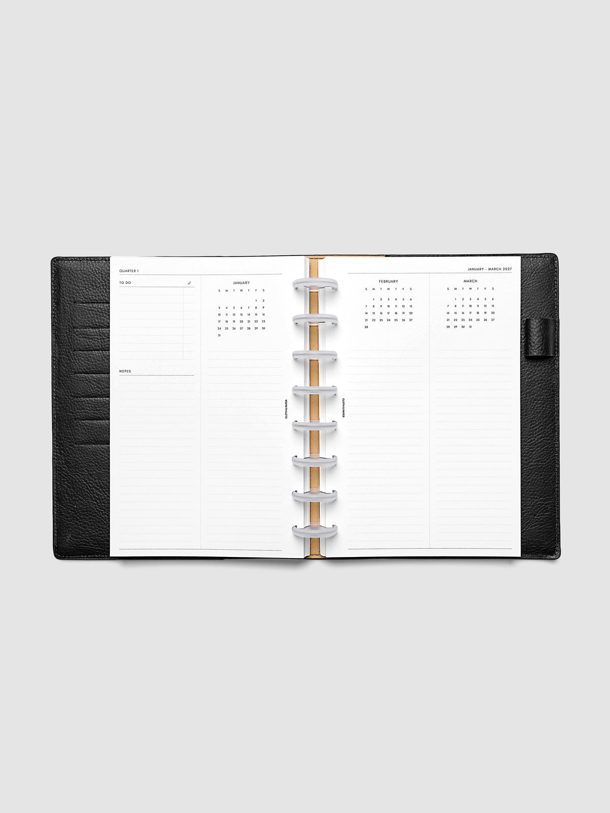 2027 Dated Yearly Overview Planner Inserts Sunday Start, Half Letter 8-Disc Punch, full quarterly spread showing goal-setting, to-do, and notes sections on the left page alongside three monthly calendar views with notes sections on the right page, shown inside a planner