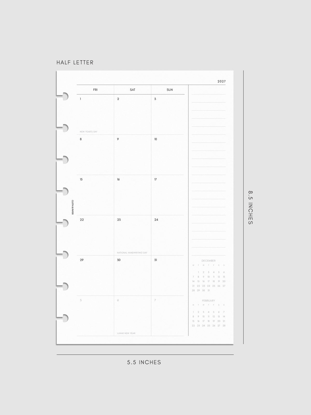2027 Dated Monthly Planner Inserts, Monday Start, Half Letter 8-Disc Punch, right page of two-page monthly calendar spread with notes column and mini calendars in the bottom right corner shown inside a planner