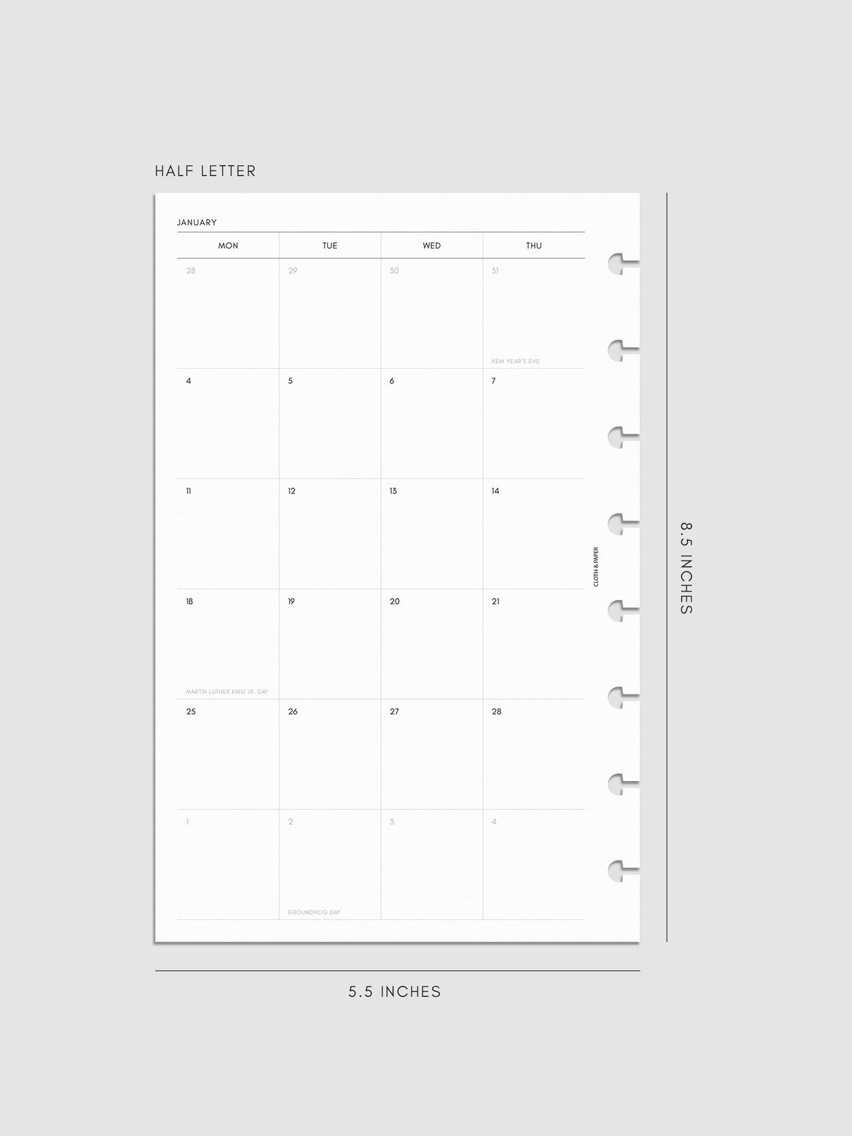 2027 Dated Monthly Planner Inserts, Monday Start, Half Letter 8-Disc Punch, left page of two-page monthly calendar spread with Monday start shown inside a planner