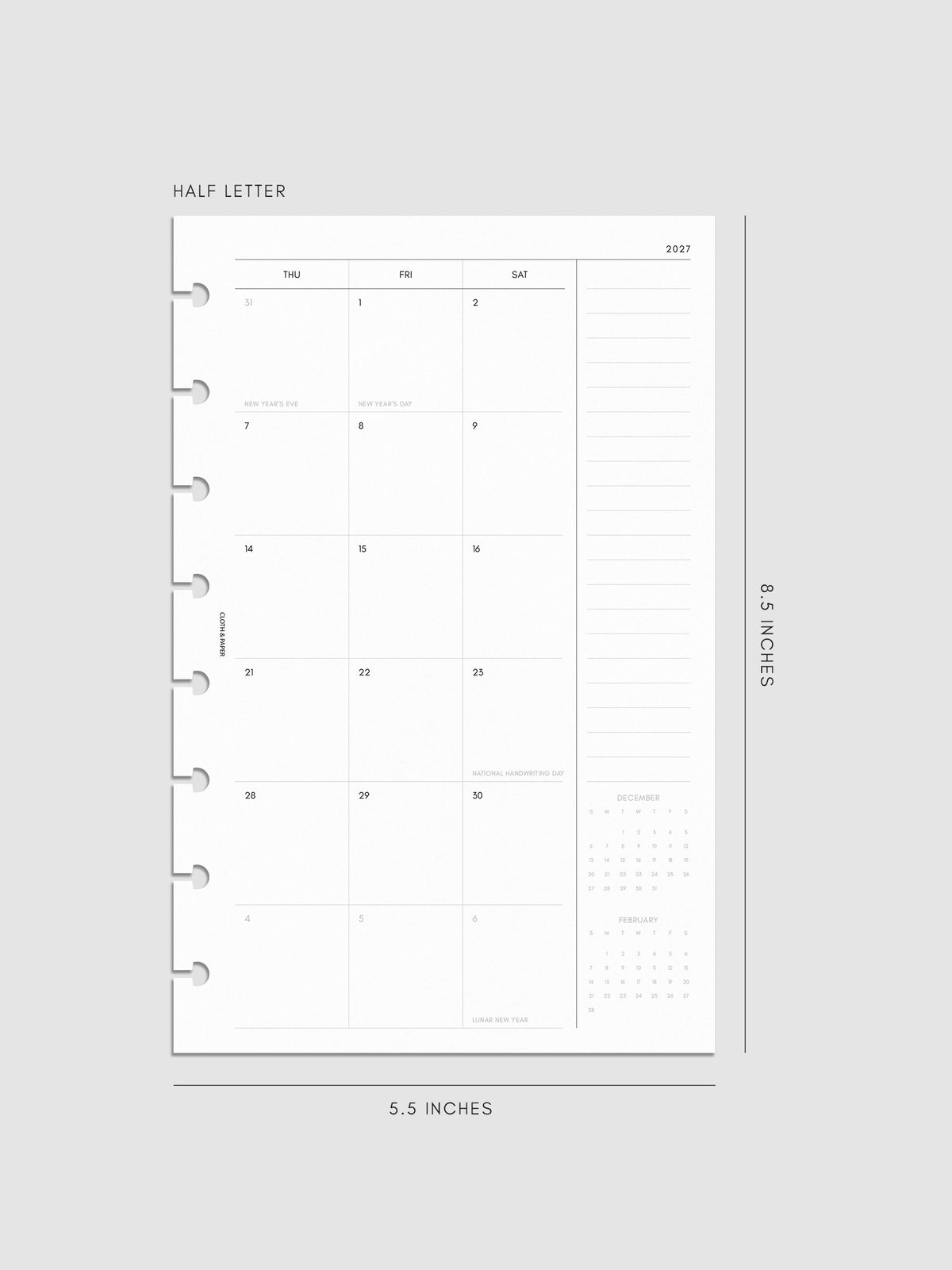 Right page of the 2027 Dated Monthly Sunday Start insert in Half Letter 8-Disc Punch size, showing the dated calendar grid with a notes column and mini calendars in the bottom right corner