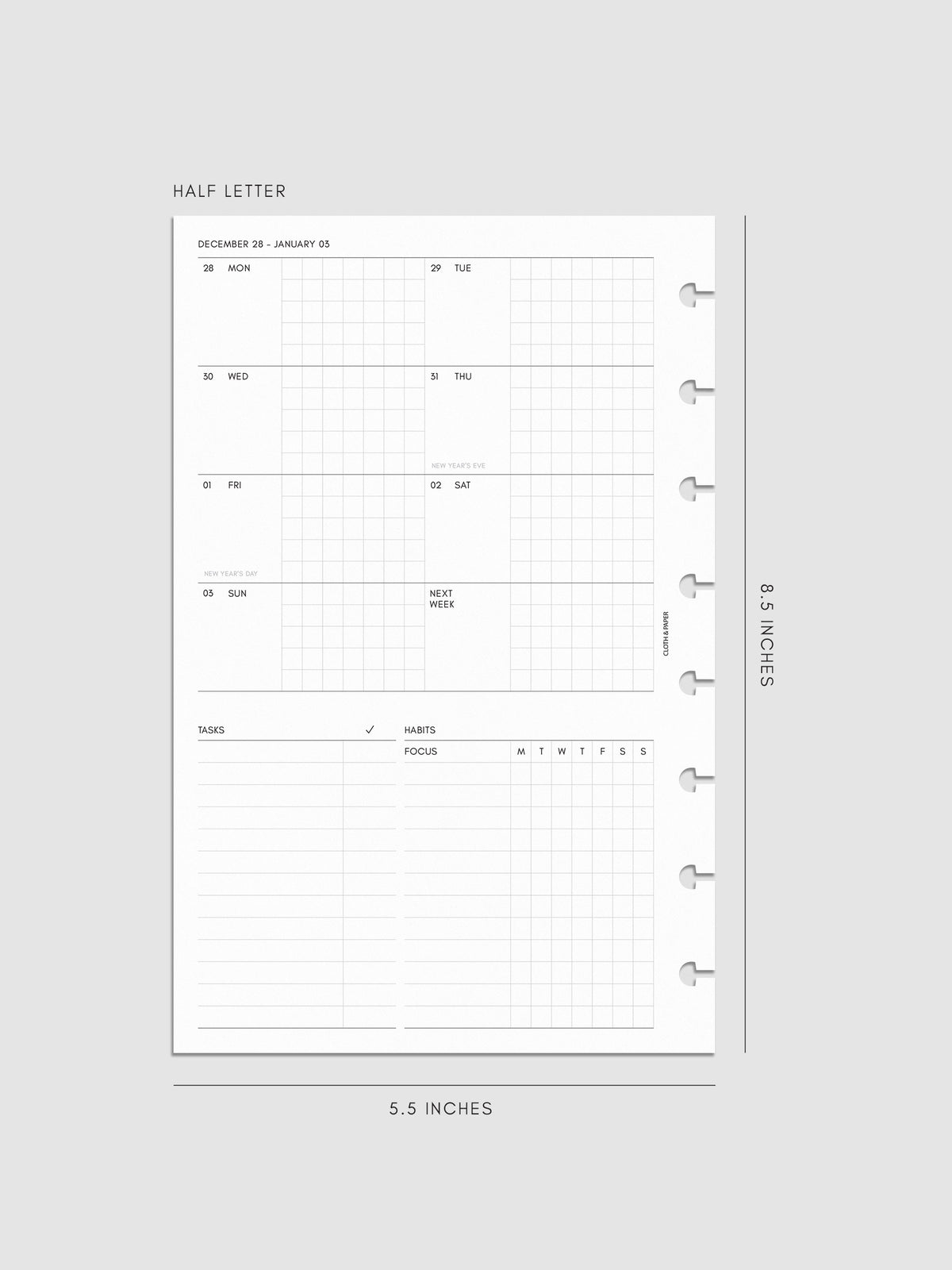 Digital mockup of the left page of the 2027 Dated Weekly Admin insert in Half Letter 8-Disc Punch size, showing the weekly overview with sections for tasks and habit tracking
