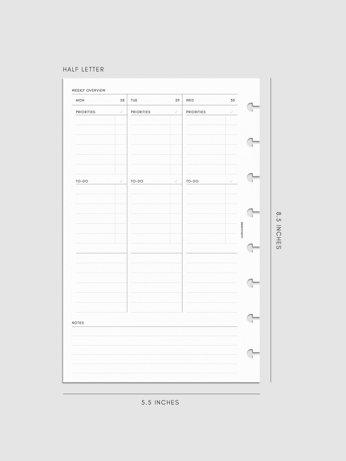 2027 Dated Weekly Task Planner Inserts, Monday Start, Half Letter 8-Disc Punch, left page of weekly spread showing vertical columns for Monday through Wednesday with labeled priorities, to-do, and open notes sections