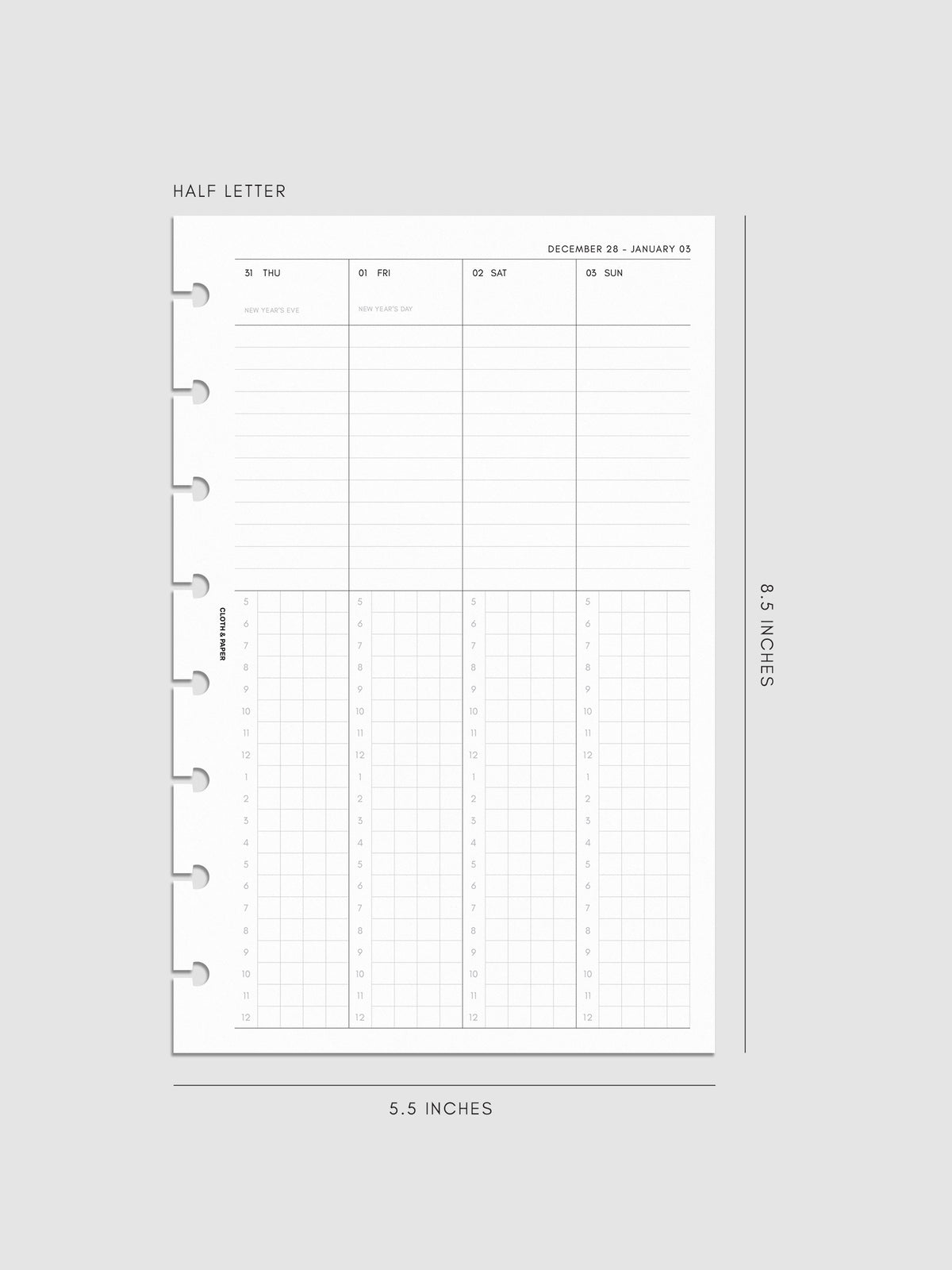 2027 Dated Weekly Time Block Inserts in Half Letter 8-Disc Punch size, right page