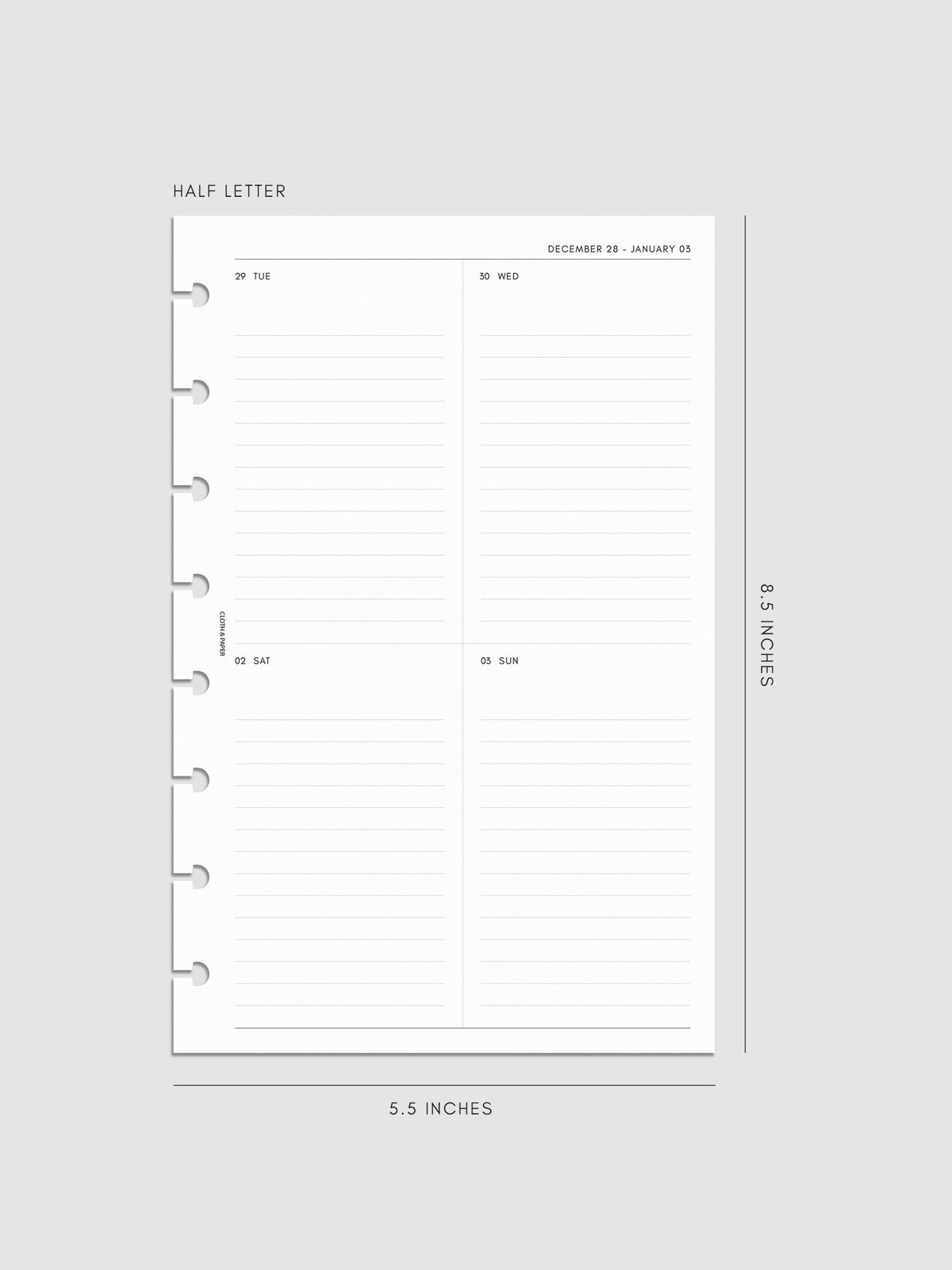 2027 Dated Weekly Vertical Planner Inserts, Monday Start, Half Letter 8-Disc Punch, right page of weekly spread showing a two-column two-row daily grid with lined sections throughout