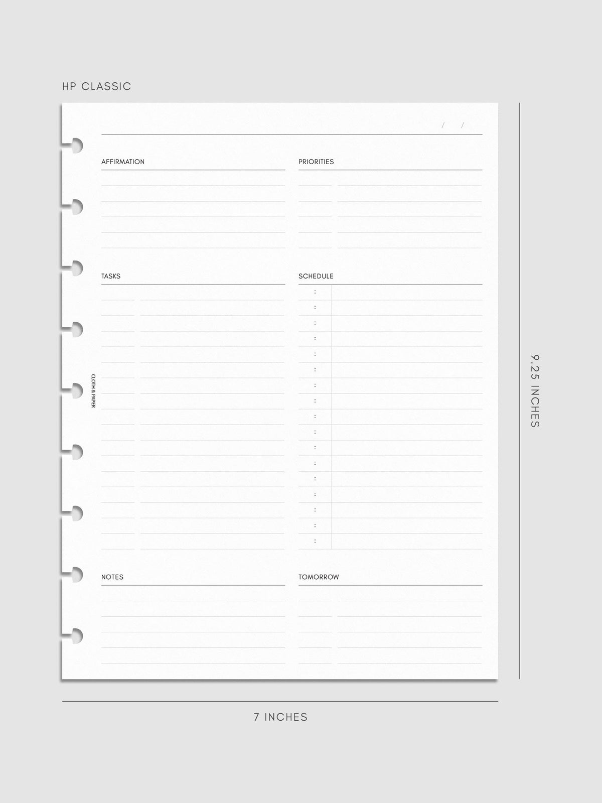 Daily Essentials Planner Inserts digital mockup in size HP Classic, pre-punched for discbound notebooks. Includes headers for affirmations, priorities, tasks, schedule, notes, and tomorrow.