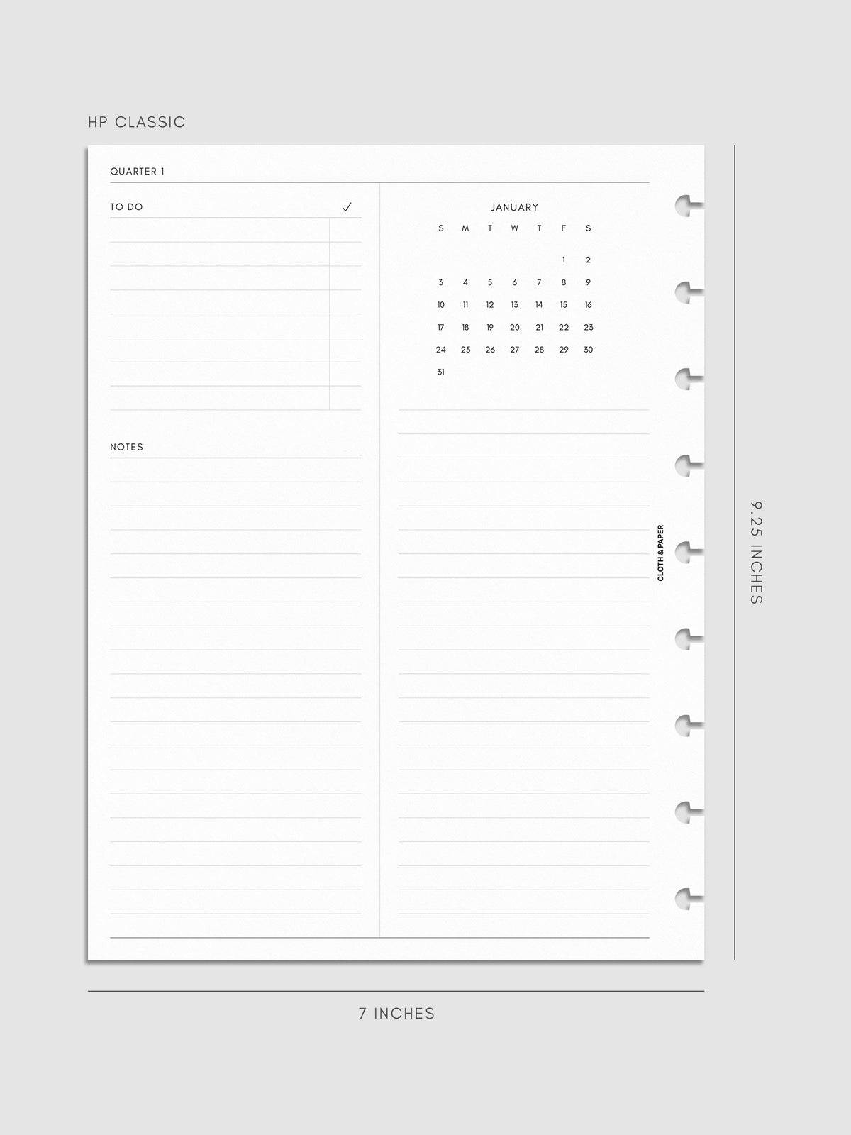 2027 Dated Yearly Overview Planner Inserts Sunday Start, HP Classic 9-Disc Punch, left page of quarterly spread showing goal-setting, to-do, and notes sections