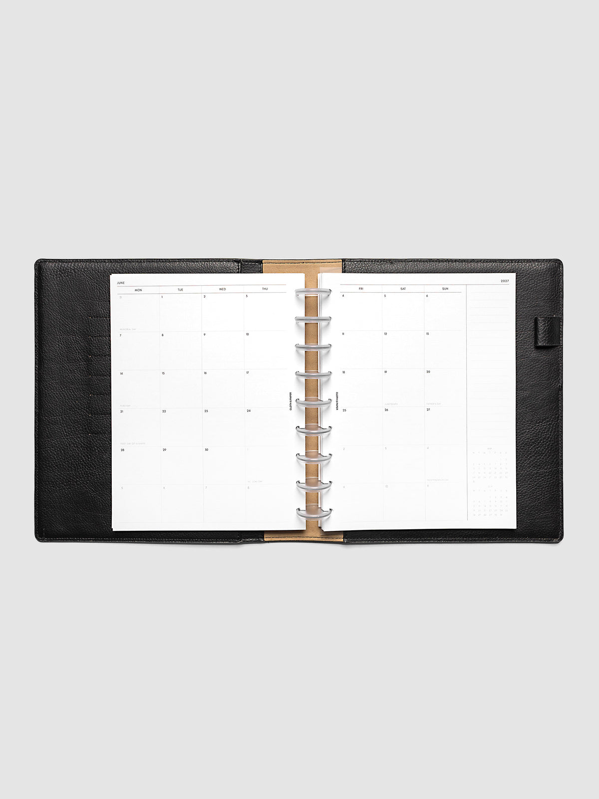 2027 Dated Monthly Planner Inserts, Monday Start, HP Classic 9-Disc Punch, full two-page monthly calendar spread with Monday start, notes column, and mini calendars in the bottom right corner shown inside a planner