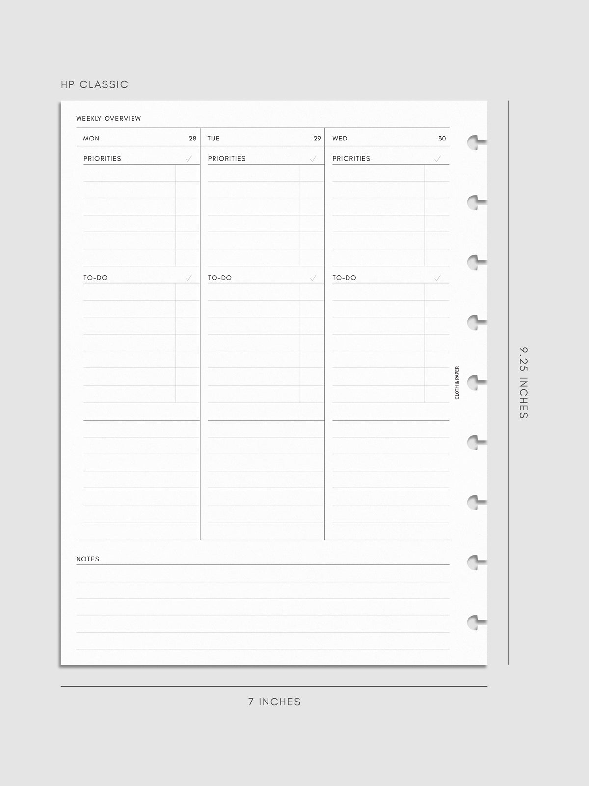 2027 Dated Weekly Task Planner Inserts, Monday Start, HP Classic 9-Disc Punch, left page of weekly spread showing vertical columns for Monday through Wednesday with labeled priorities, to-do, and open notes sections