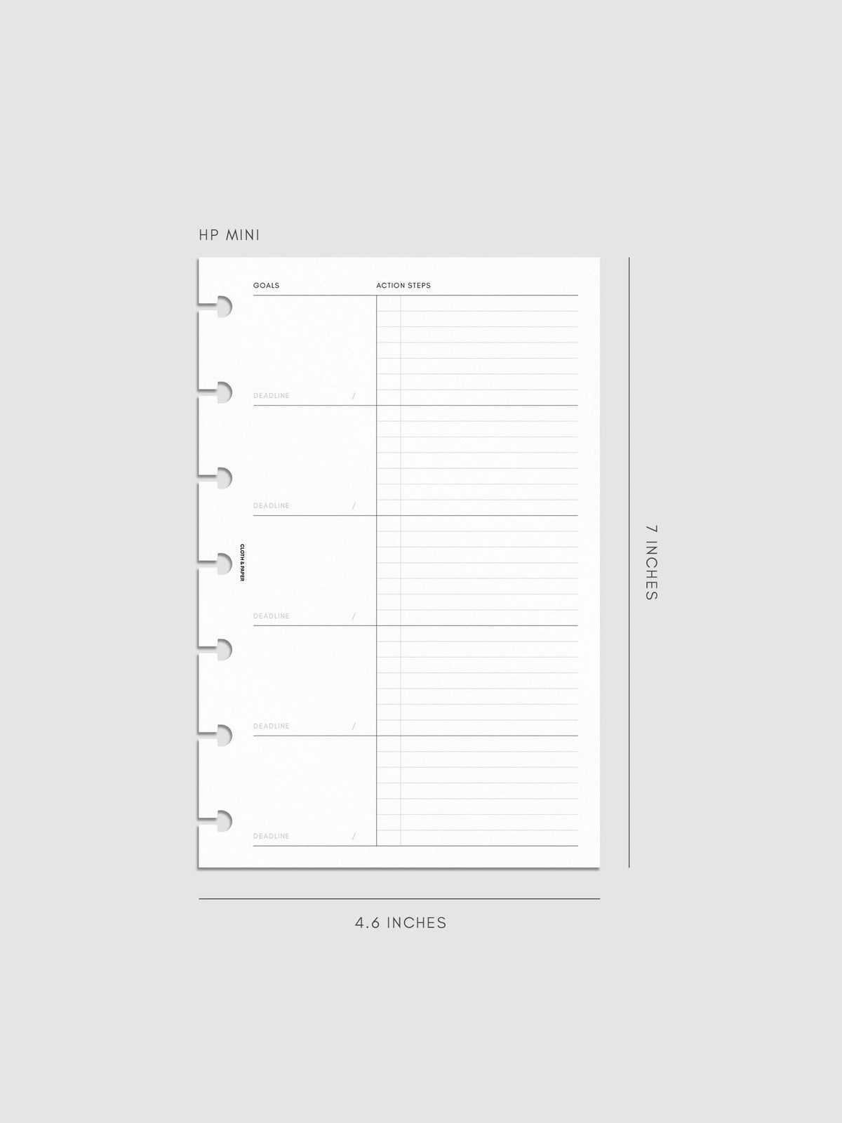 A blank planner page with sections for goals, deadlines, and action steps, sized 7 inches by 4.6 inches. The layout is minimal with lined and unlined areas for writing.