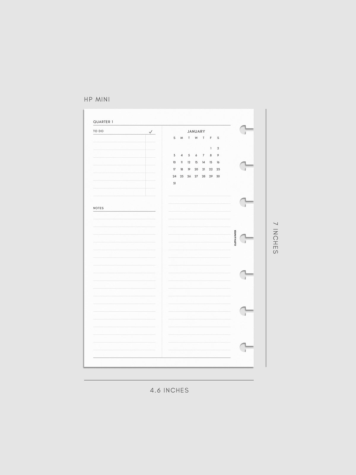 2027 Dated Yearly Overview Planner Inserts Sunday Start, HP Mini 7-Disc Punch, left page of quarterly spread showing goal-setting, to-do, and notes sections