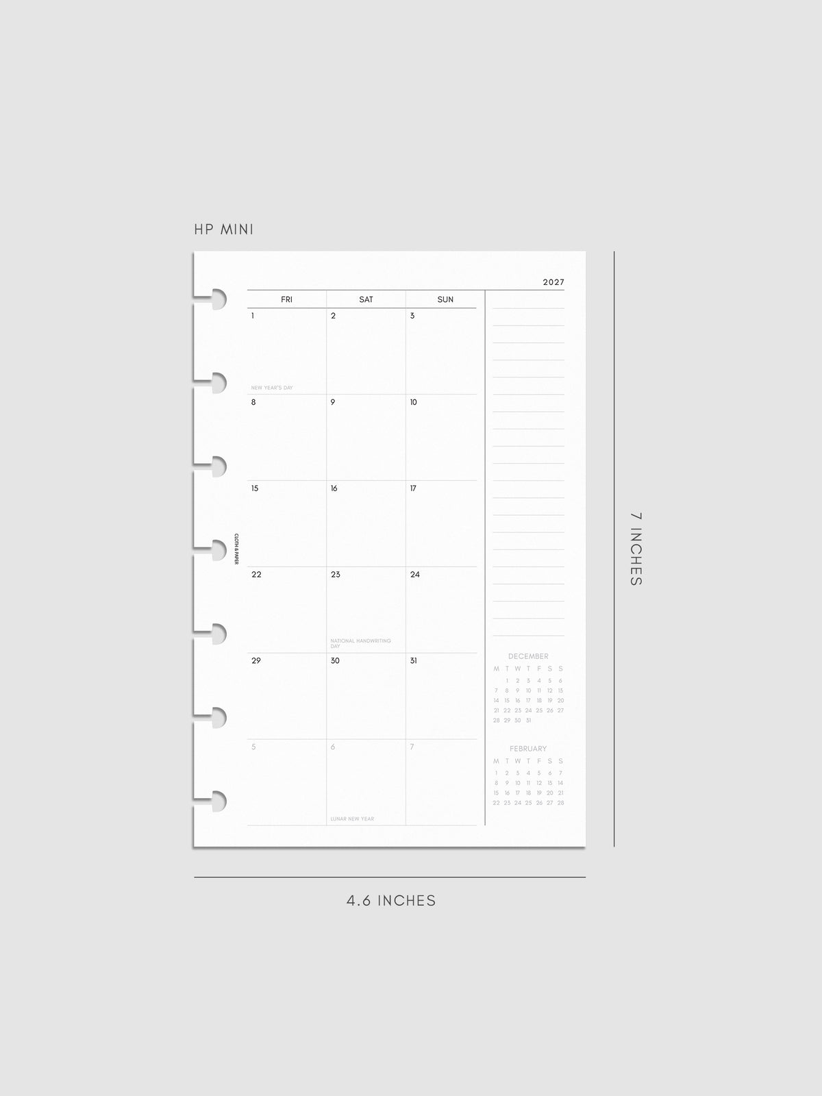 2027 Dated Monthly Planner Inserts, Monday Start, HP Mini 7-Disc Punch, right page of two-page monthly calendar spread with notes column and mini calendars in the bottom right corner shown inside a planner