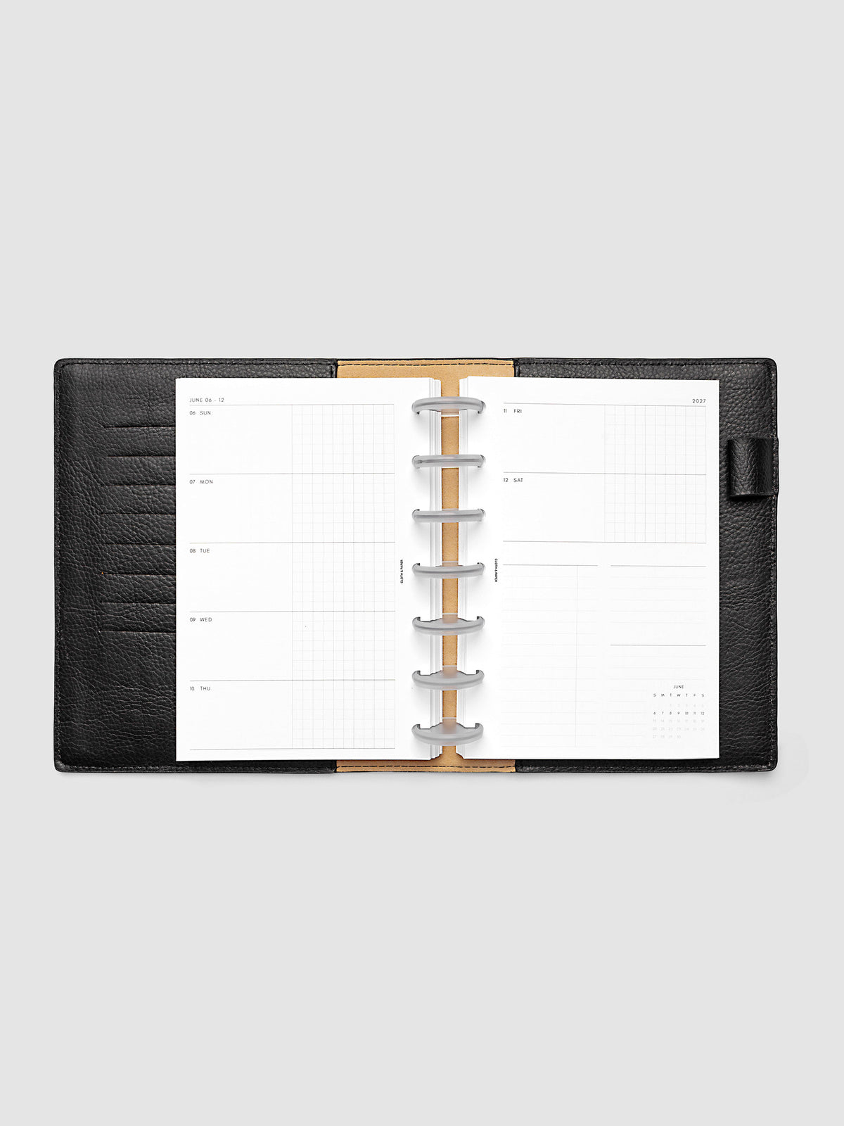 2027 Dated Weekly Horizontal Planner Inserts, Sunday Start, HP Mini 7-Disc Punch, full week-on-two-pages horizontal spread showing each day split into open and graph columns, with tasks column, notes column, and mini monthly calendar on the right page, shown inside a planner