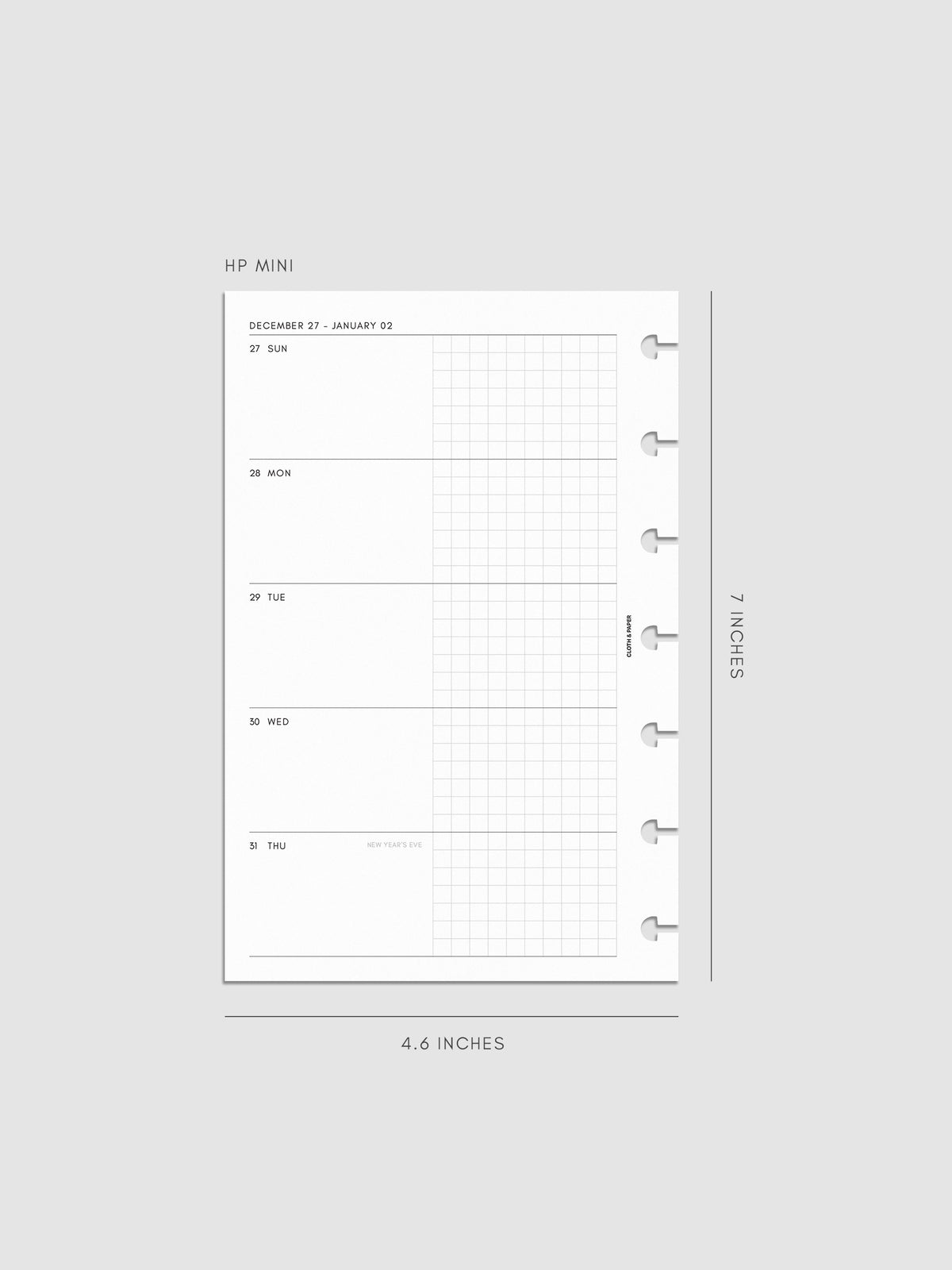 Mockup of the 2027 Dated Weekly Horizontal Planner Inserts | Sunday Start left page shown in size HP Mini 7-Disc Punch