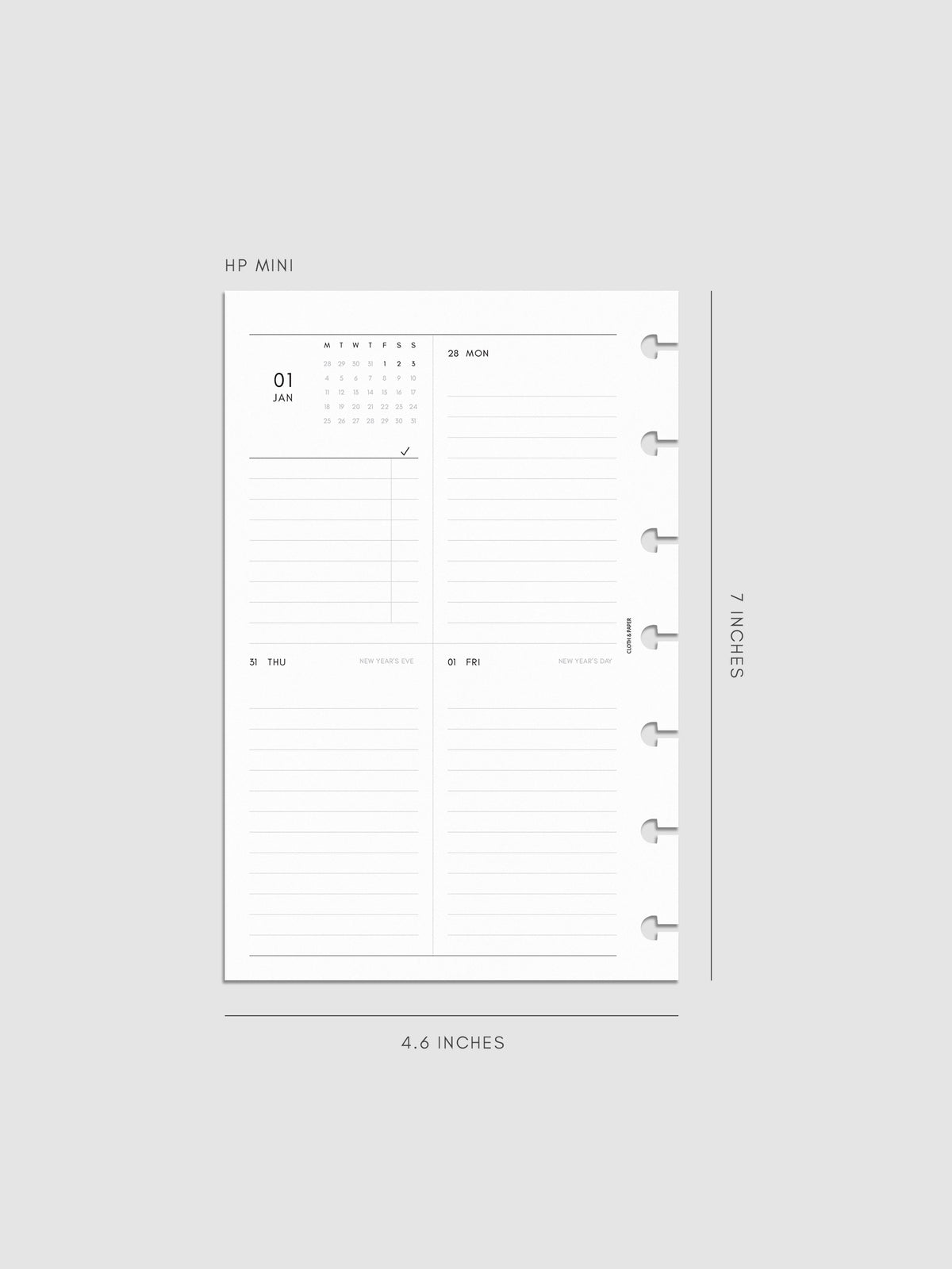 2027 Dated Weekly Vertical Planner Inserts, Monday Start, HP Mini 7-Disc Punch, left page of weekly spread showing a two-column two-row daily grid with mini monthly calendar and task list alongside Monday and lined sections throughout