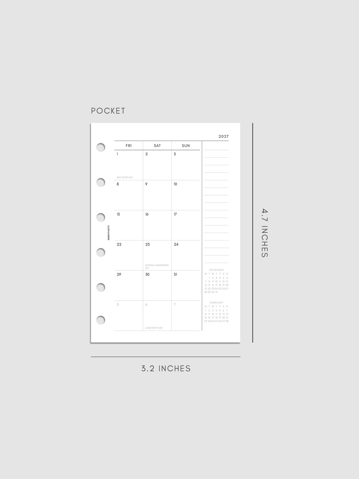 2027 Dated Monthly Planner Inserts, Monday Start, Pocket 6-Ring Punch, right page of two-page monthly calendar spread with notes column and mini calendars in the bottom right corner shown inside a planner