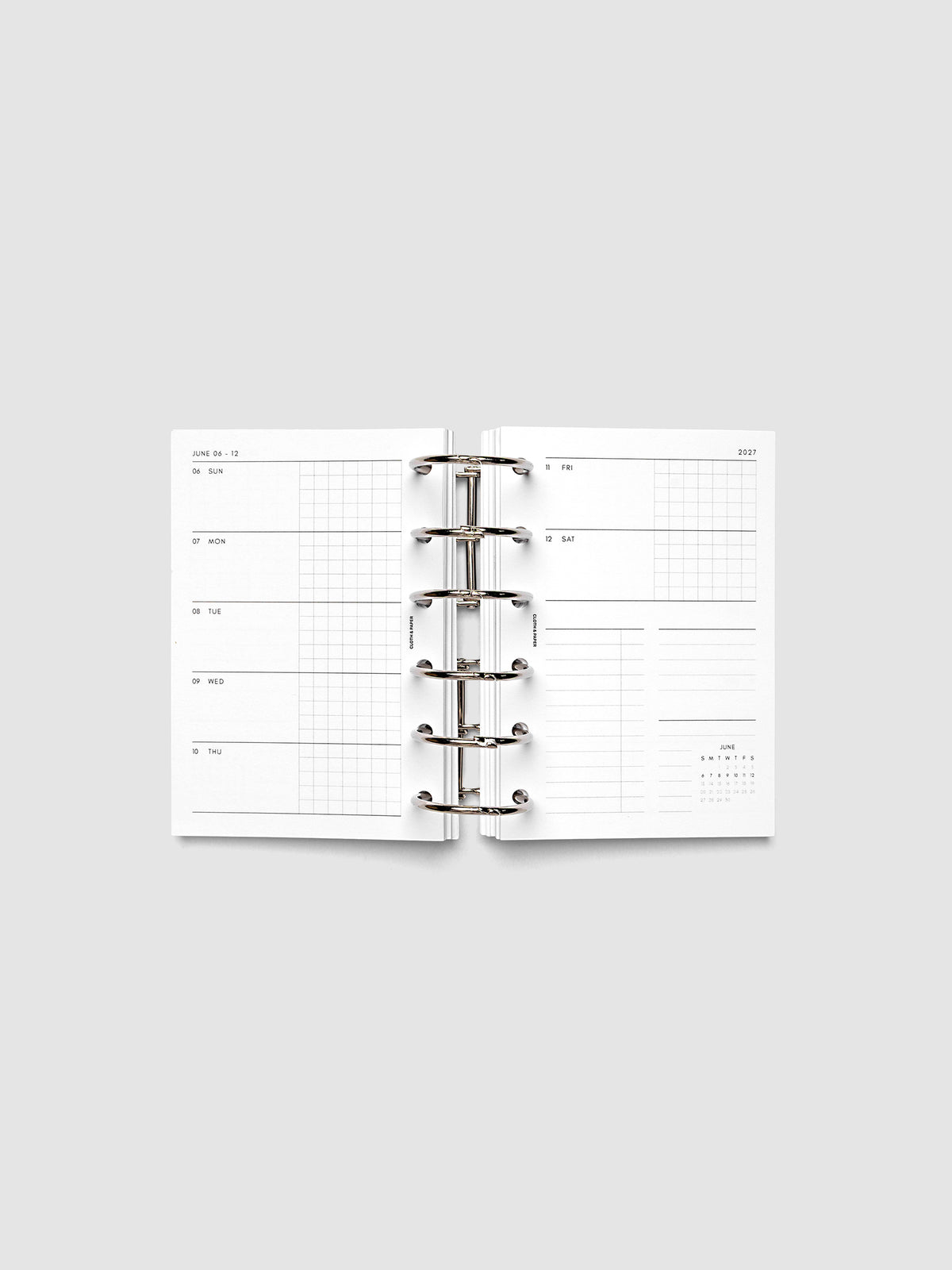 2027 Dated Weekly Horizontal Planner Inserts, Sunday Start, Pocket 6-Ring Punch, full week-on-two-pages horizontal spread showing each day split into open and graph columns, with tasks column, notes column, and mini monthly calendar on the right page, shown inside a planner