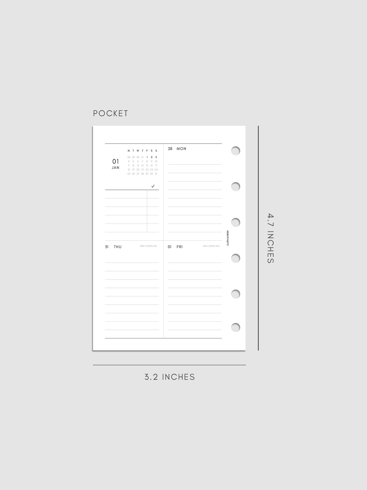 2027 Dated Weekly Vertical Planner Inserts, Monday Start, Pocket 6-Ring Punch, left page of weekly spread showing a two-column two-row daily grid with mini monthly calendar and task list alongside Monday and lined sections throughout