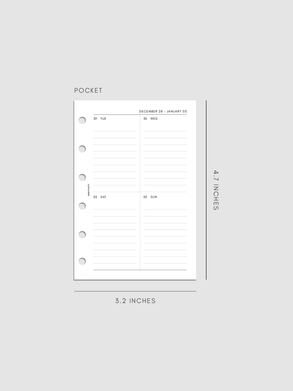 2027 Dated Weekly Vertical Planner Inserts, Monday Start, Pocket 6-Ring Punch, right page of weekly spread showing a two-column two-row daily grid with lined sections throughout