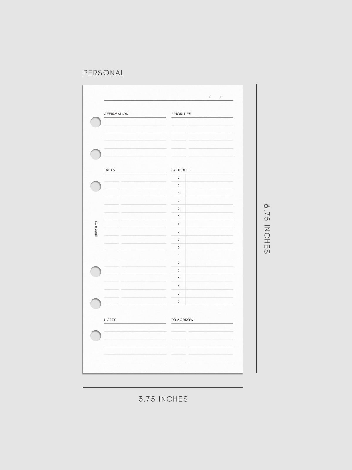 Daily Essentials Planner Inserts digital mockup in size Personal, pre-punched for 6-ring binders. Includes headers for affirmations, priorities, tasks, schedule, notes, and tomorrow.
